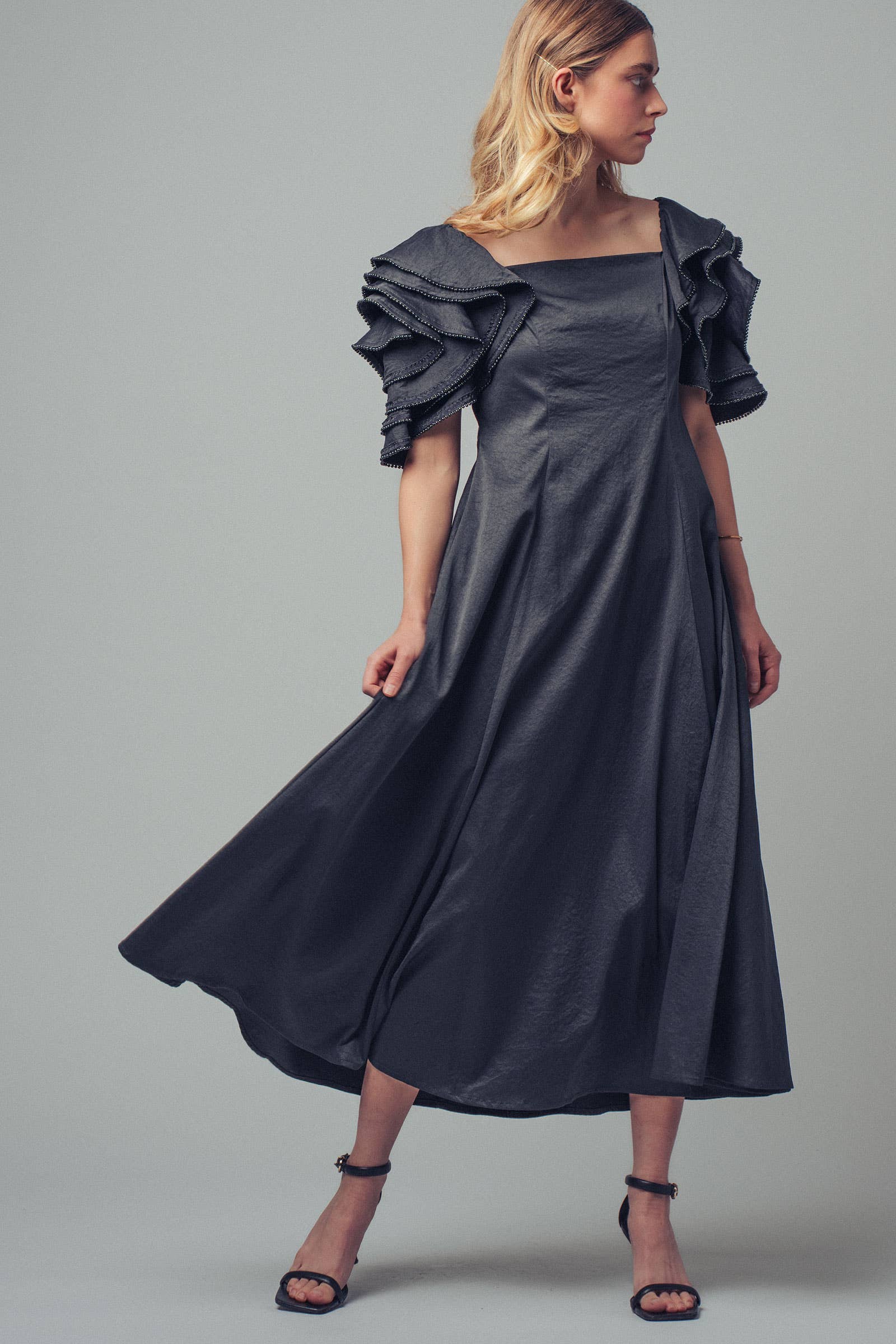 Tiered Ruffle Sleeve Smocked Midi Dress