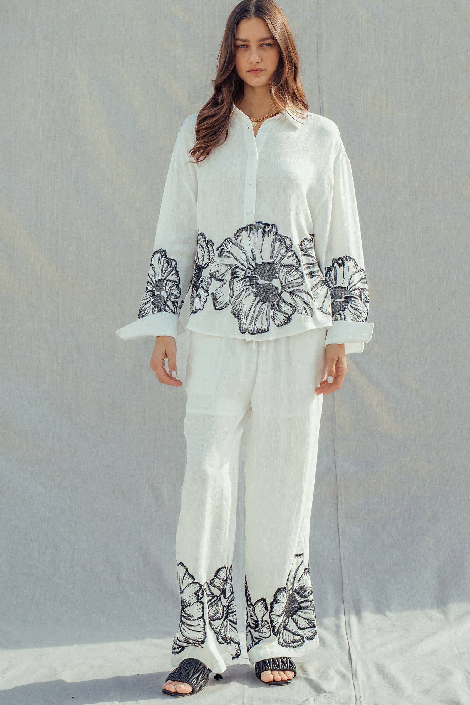 Floral Embroidered Wide Leg Drawstring Pants