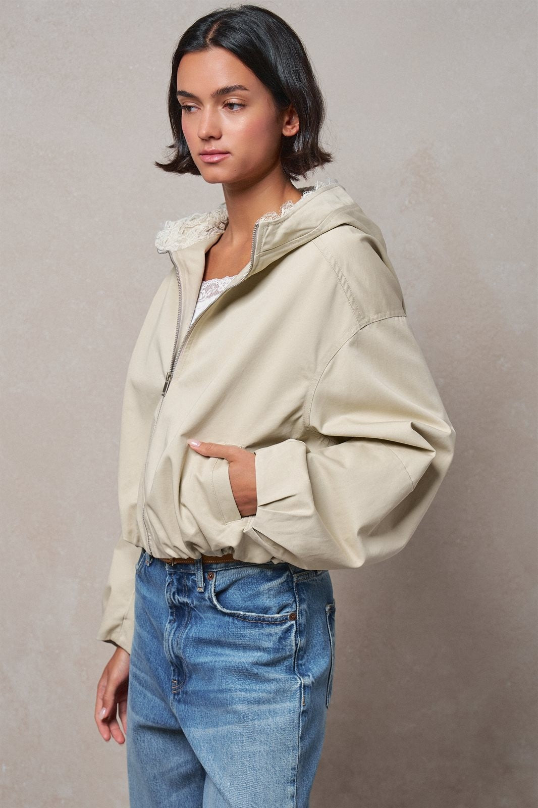 Oversized Hooded Zip-Front Cotton Jacket in KHAKI - Women's Jackets & Blazers | Urban Daizy