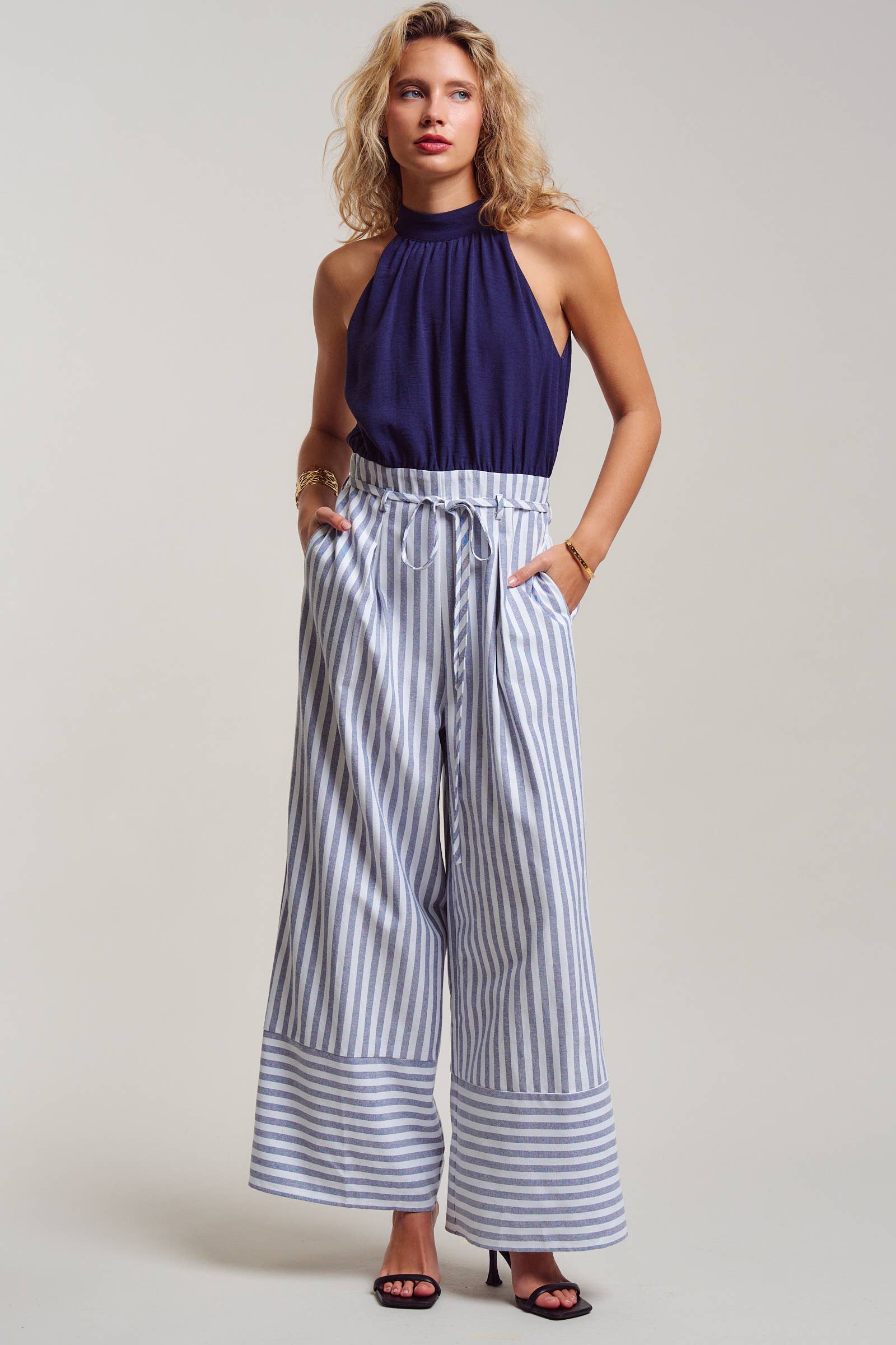 Urban Daizy Navy Halter Mixed Media Striped Wide Leg Jumpsuit Navy Jumpsuit - Women's (TNJU0178-Navy)