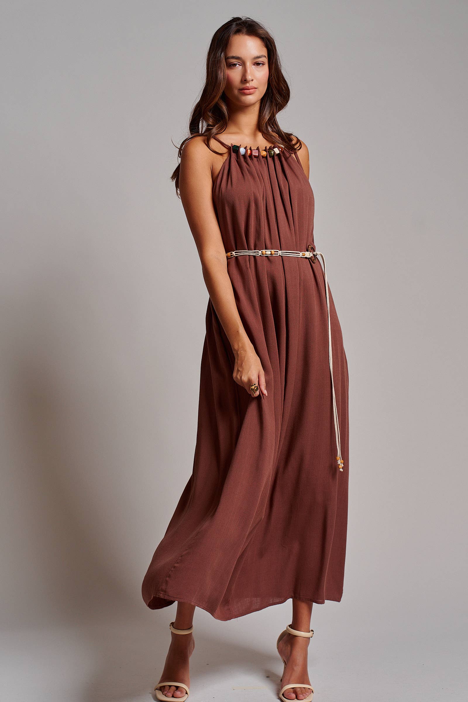 Beaded Halter Neck Linen Blend Maxi Dress