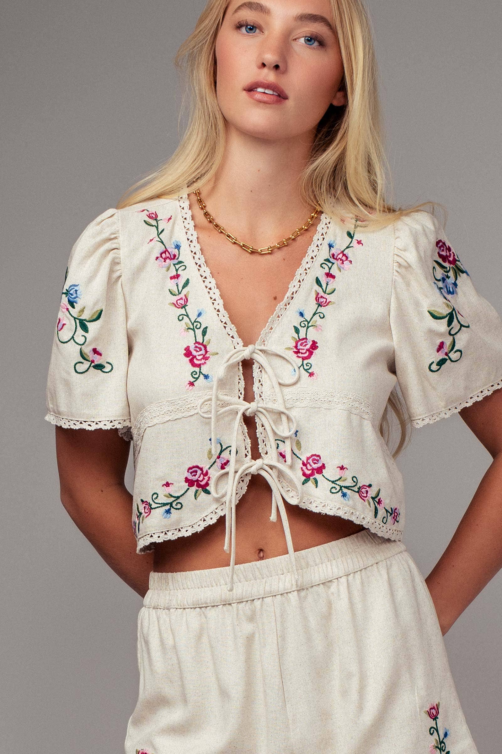 Urban Daizy Embroidered Tie-Front Boho Crop Top Natural Blouse - Women's (UDZ-TP-00811) – alternate view 6