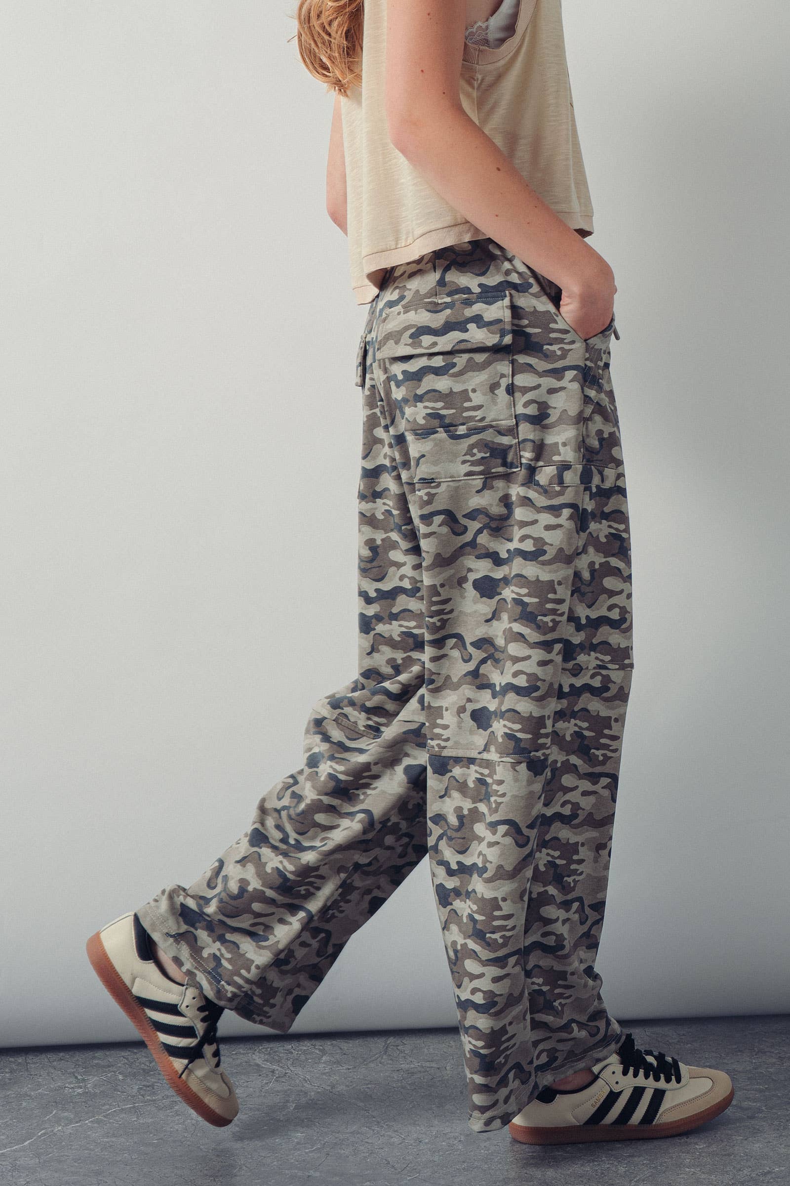 Camo Print Wide Leg Cargo Sweatpants