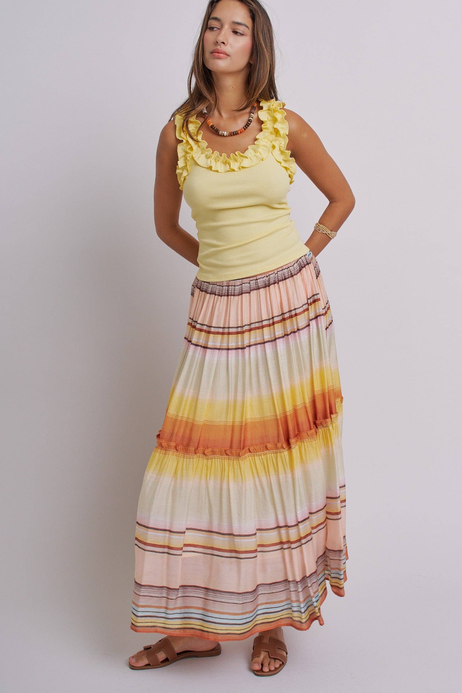 Sunset Stripe Tiered Maxi Skirt Boho Viscose Ruffled