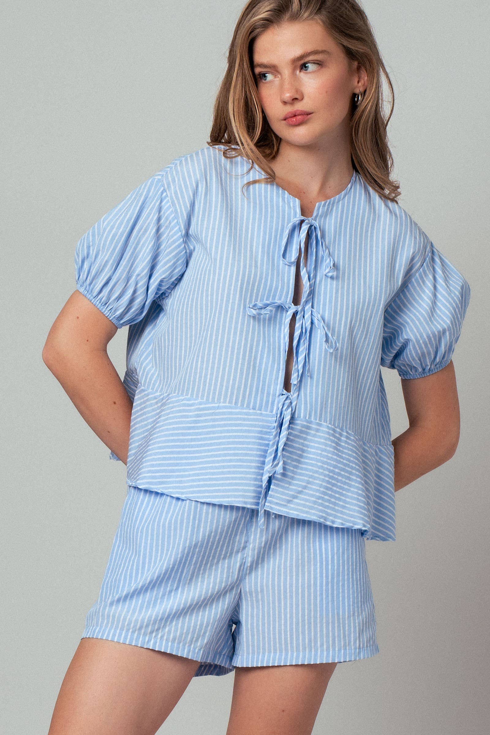 Urban Daizy Striped Tie-Front Puff Sleeve Two-Piece Set Sage-Stripe Top & Short Set (NOT Loungewear) - Women's (UDZ-AC-00224) – alternate view 12