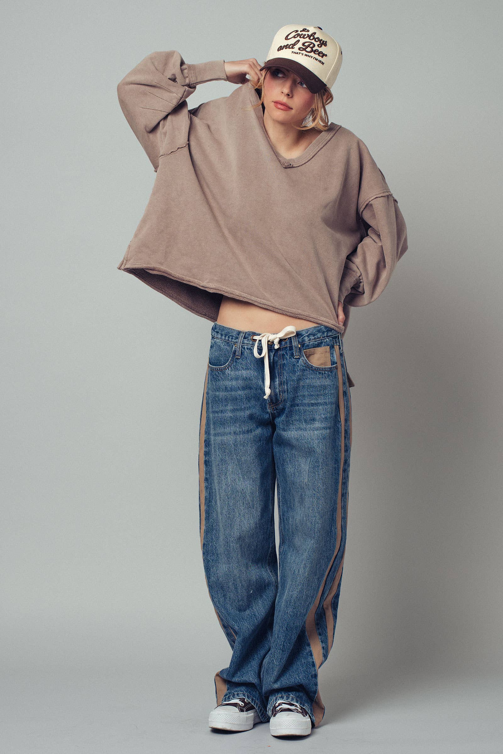 Wide-Leg Utility Stripe Denim Jeans