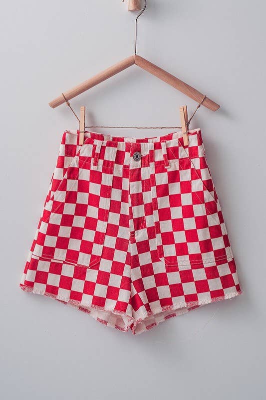 Retro Checkerboard Raw Hem Denim Shorts