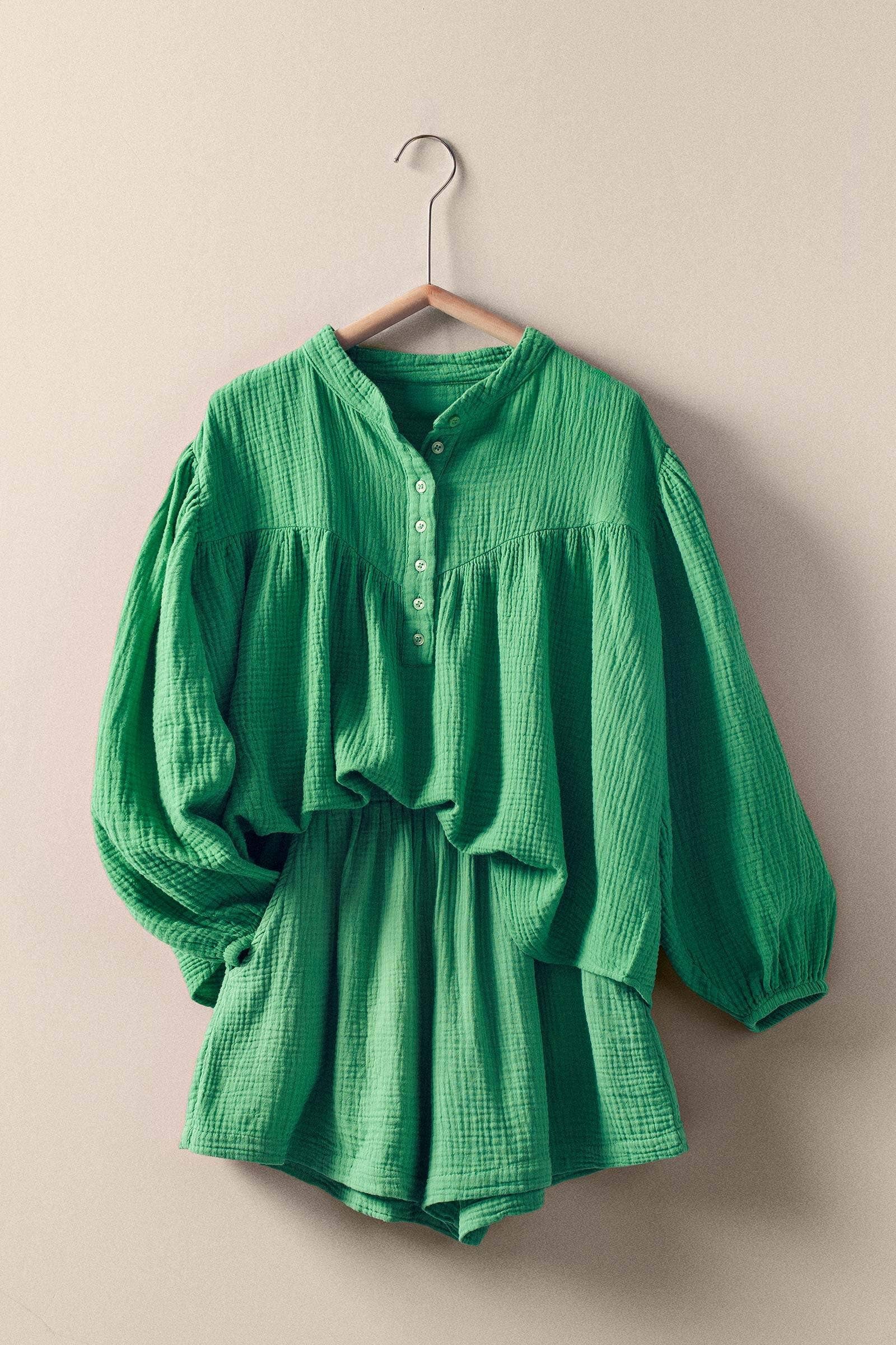 Garment Dyed Cotton Gauze Button Down Top And Shorts Set