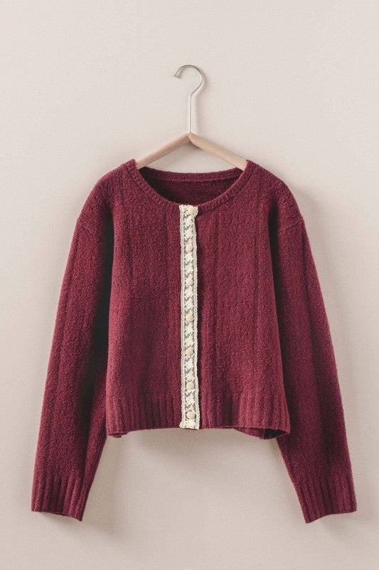 Elegant Wool Blend Cardigan with Lace Trim Detail in BURGUNDY - Women's Cardigans & Shrugs | Urban Daizy