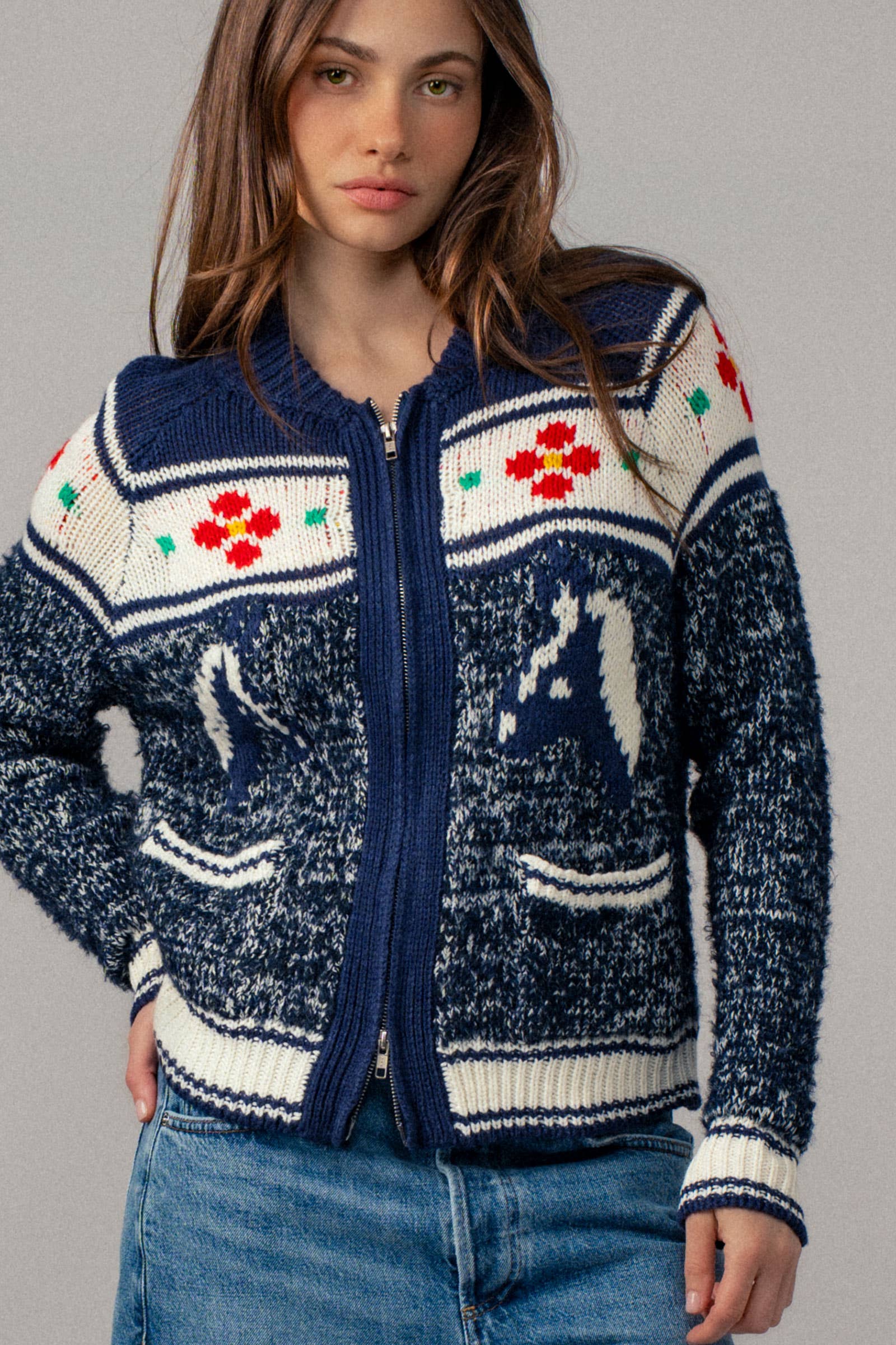 Urban Daizy Floral Yoke Zip-Up Knit Cardigan Navy-Multi Cardigan - Women's (UDZ-TP-00814)