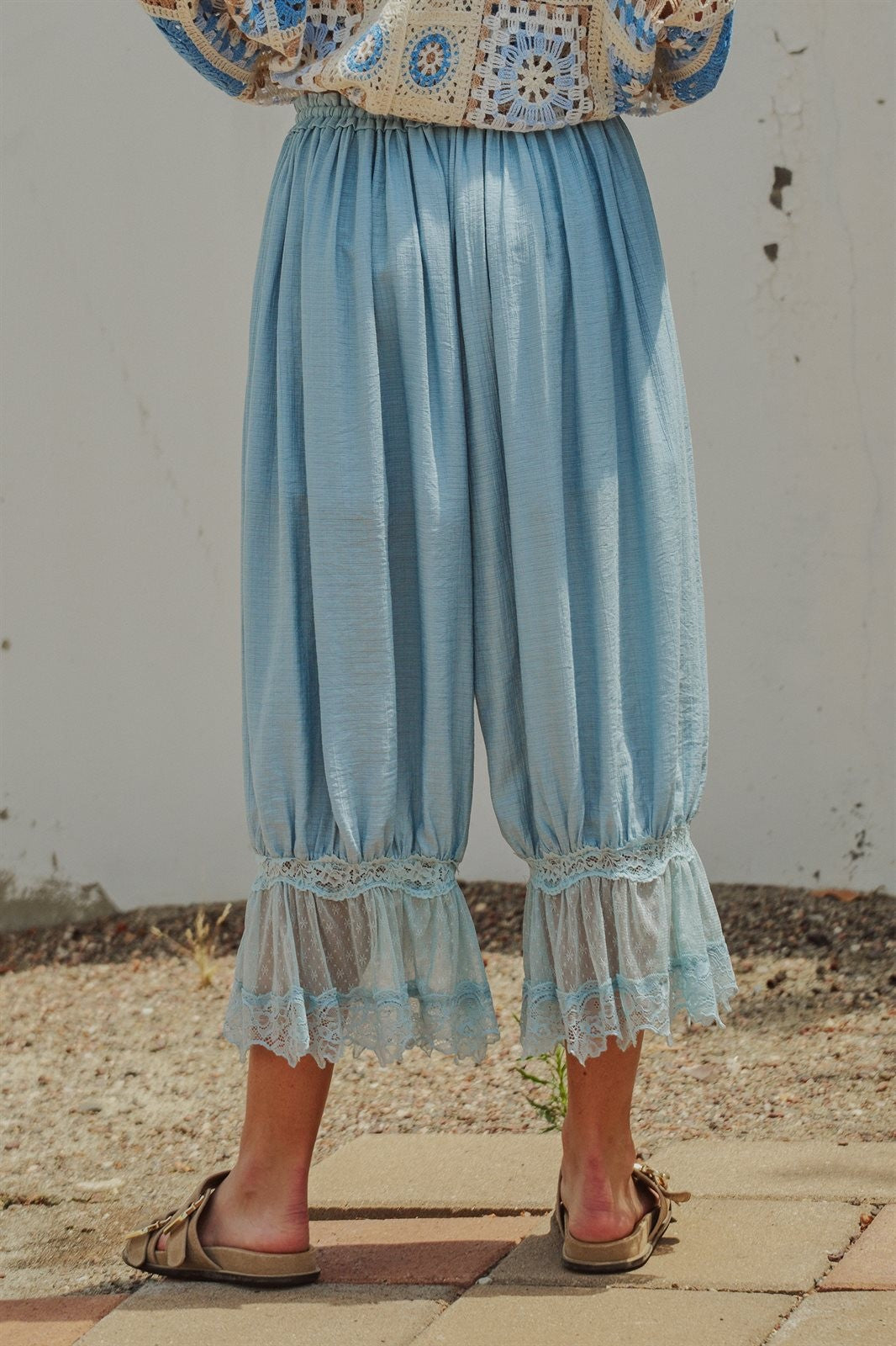 Boho Lace Trim Summer Linen Pants in BLUE - Women's Pants | Urban Daizy