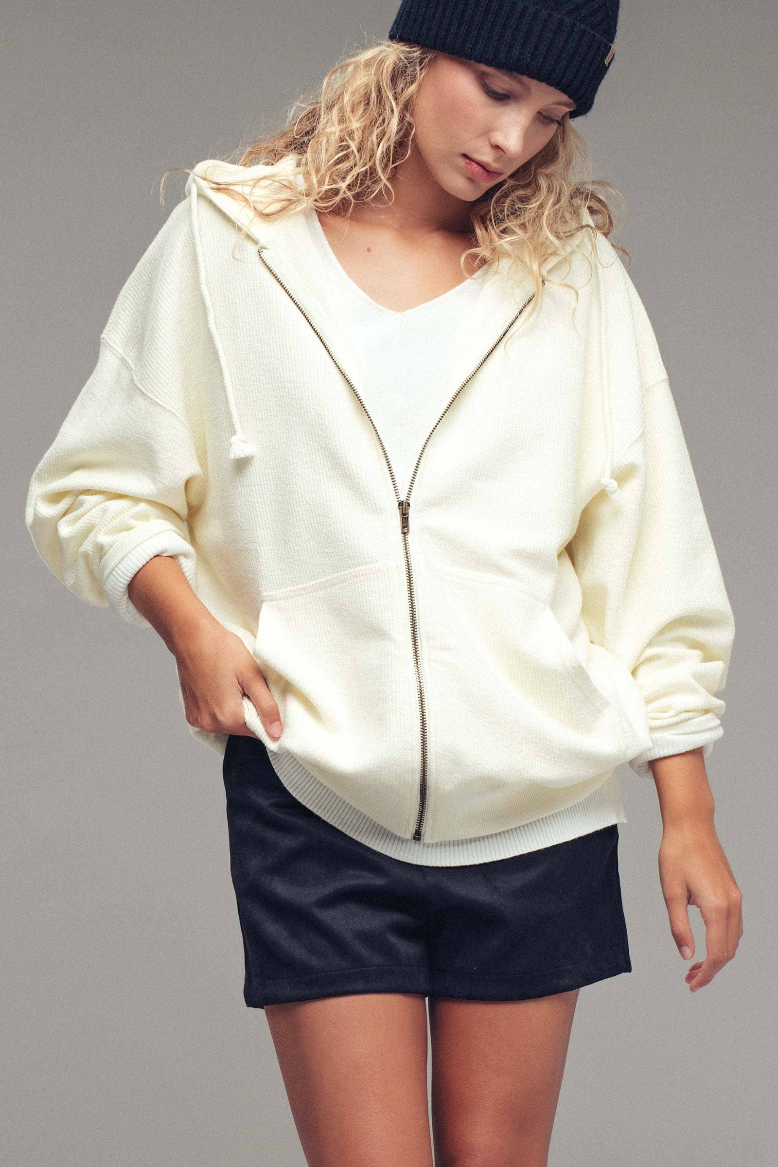 Urban Daizy Oversized Ribbed Dolman Sleeve Hoodie Cream Hoodie - Women's (UDZ-KN-00313) – alternate view 3