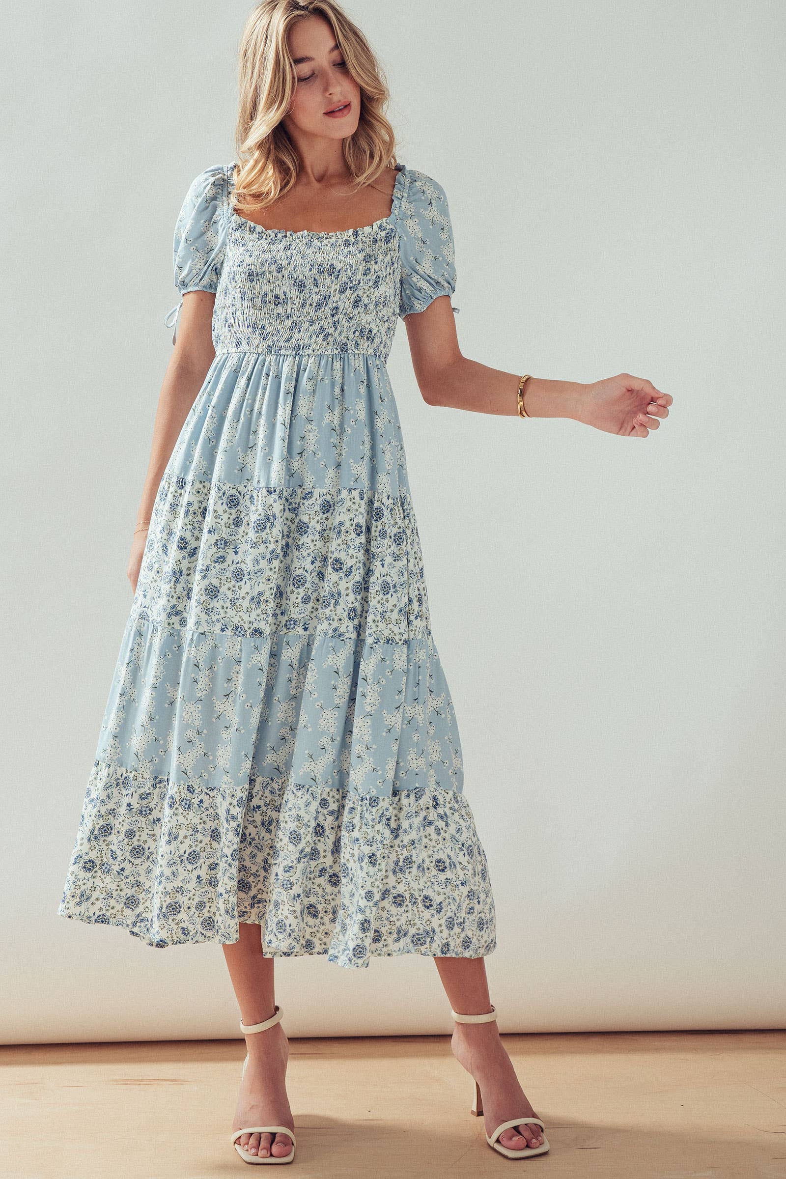 Smocked Floral Print Tiered Midi Dress