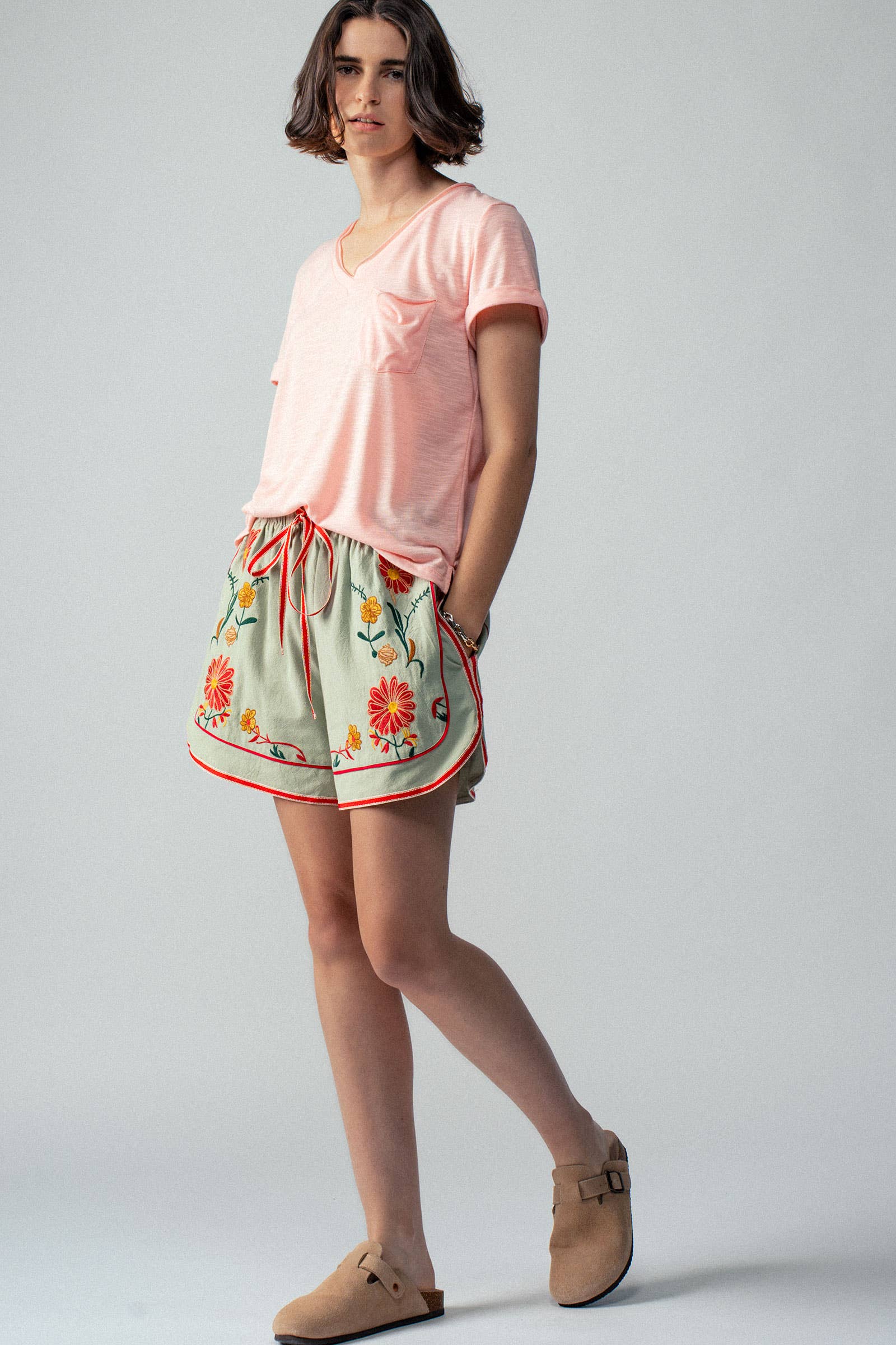 Rolled Sleeve V-Neck Pocket Tee