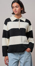 Striped Knit Rugby Polo Sweater in IVORY BLACK - Women's Sweaters | Urban Daizy