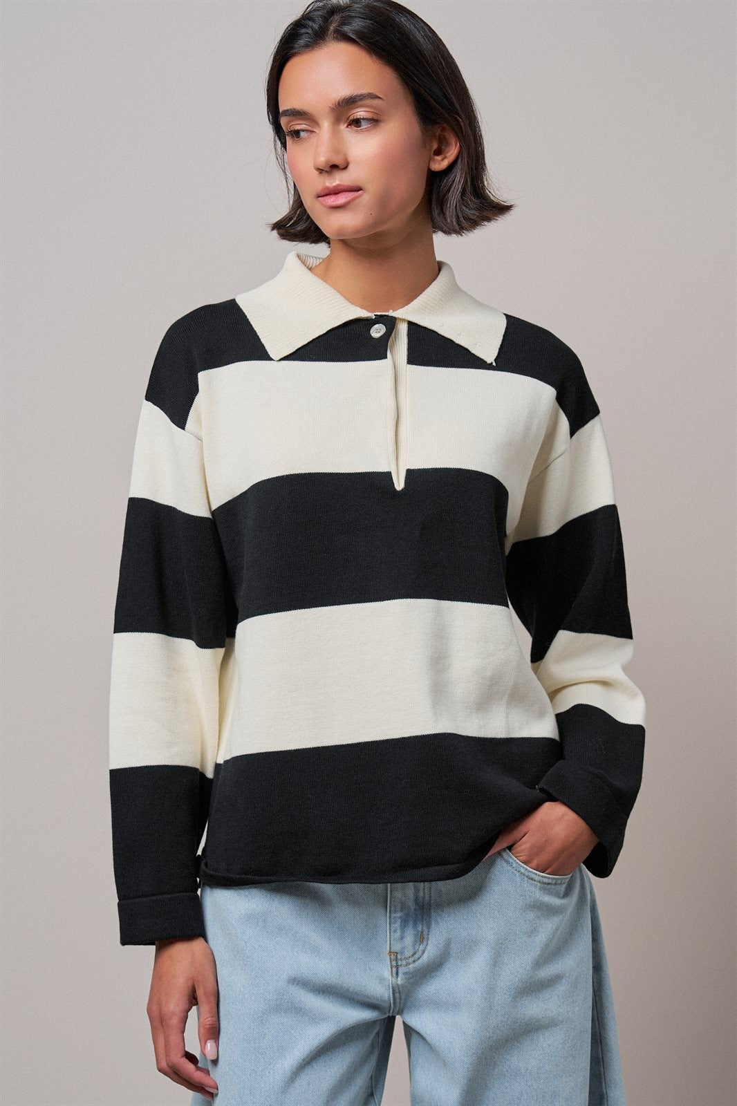 Striped Knit Rugby Polo Sweater in IVORY BLACK - Women's Sweaters | Urban Daizy