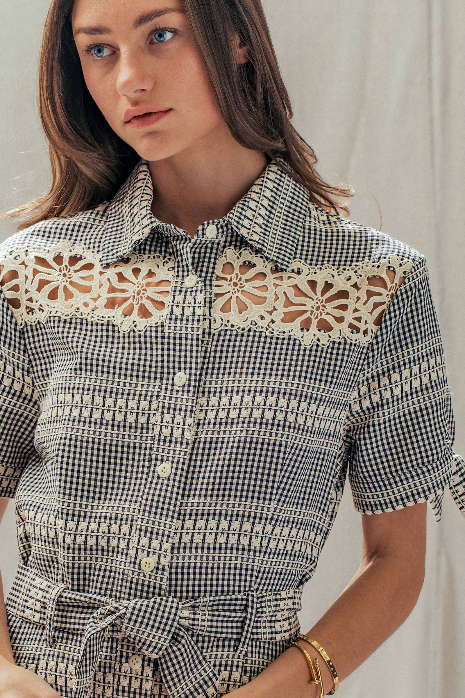 Gingham Cotton Shirt Dress Eyelet Embroidery