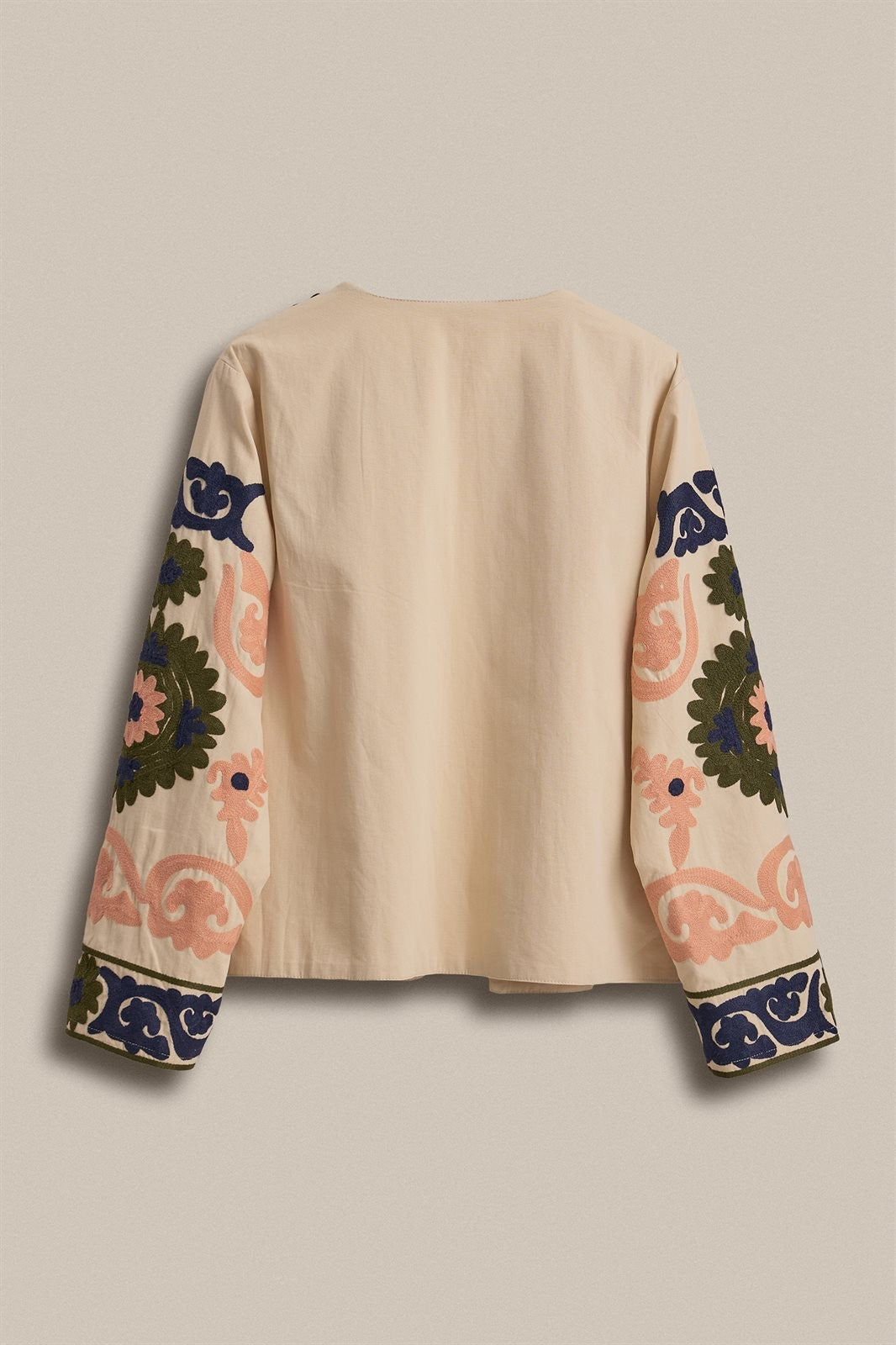 Suzani Embroidered Cotton Jacket with Floral Scroll in CREAM - Women's Jackets & Blazers | Urban Daizy