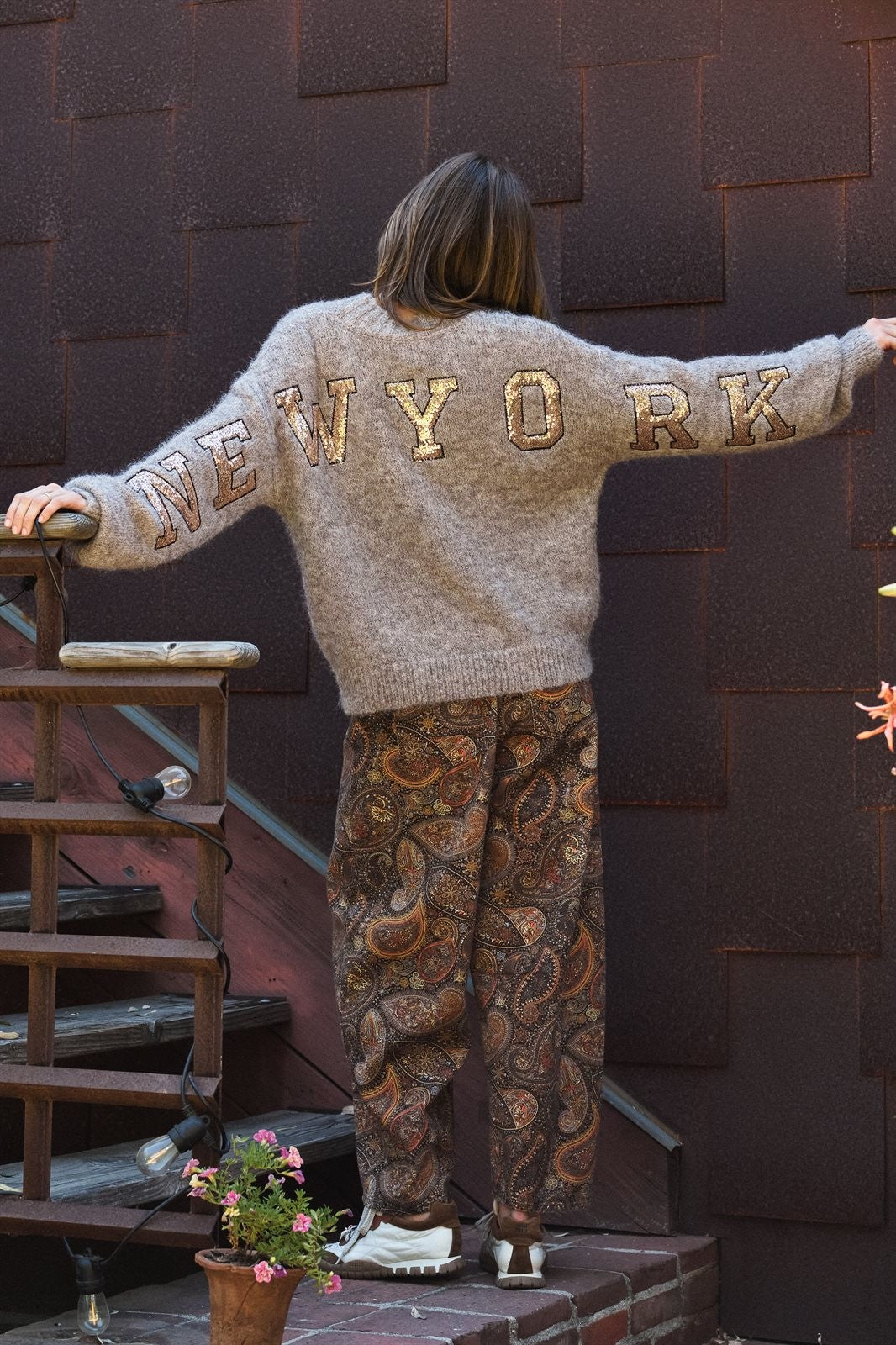 New York Sequin Letter Fuzzy Wool Blend Pullover Sweater in MOCHA - Women's Sweaters | Urban Daizy