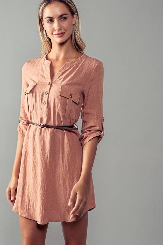 Utility Pocket Belted Henley Mini Dress