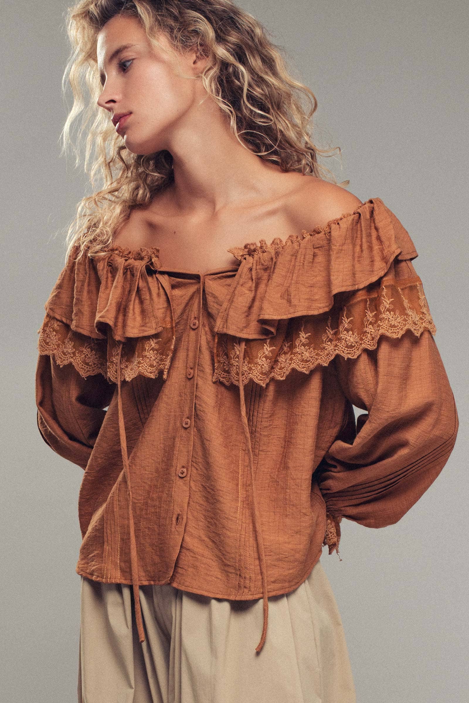 Lace Trim Ruffle Tie Neck Spring Blouse Top