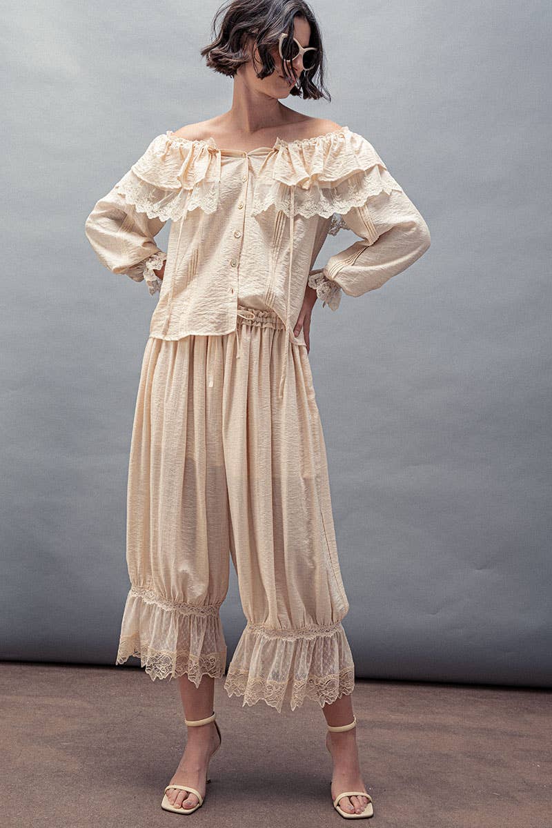 Lace Trim Ruffle Tie Neck Spring Blouse Top