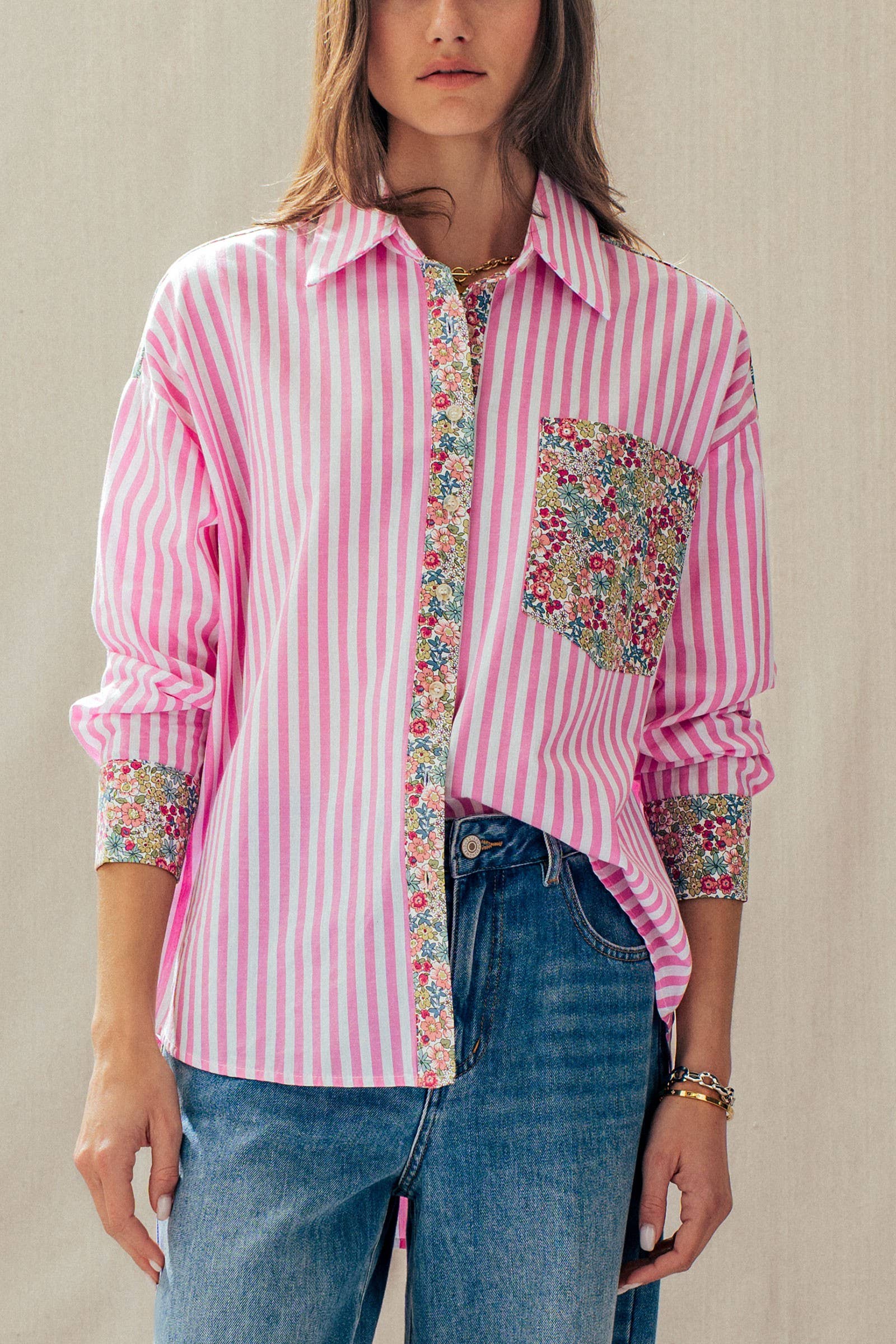 Floral Contrast Mixed Print Striped Shirt
