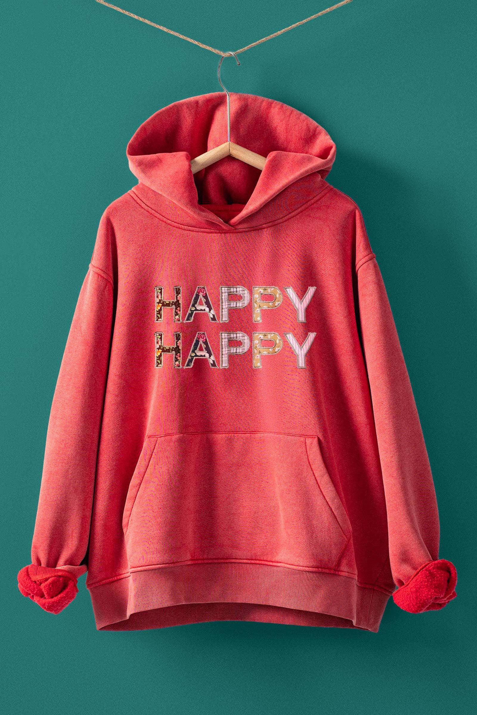Urban Daizy "HAPPY HAPPY" Vintage Washed Hoodie Red Hoodie - Women's (UDZ-KN-00891)