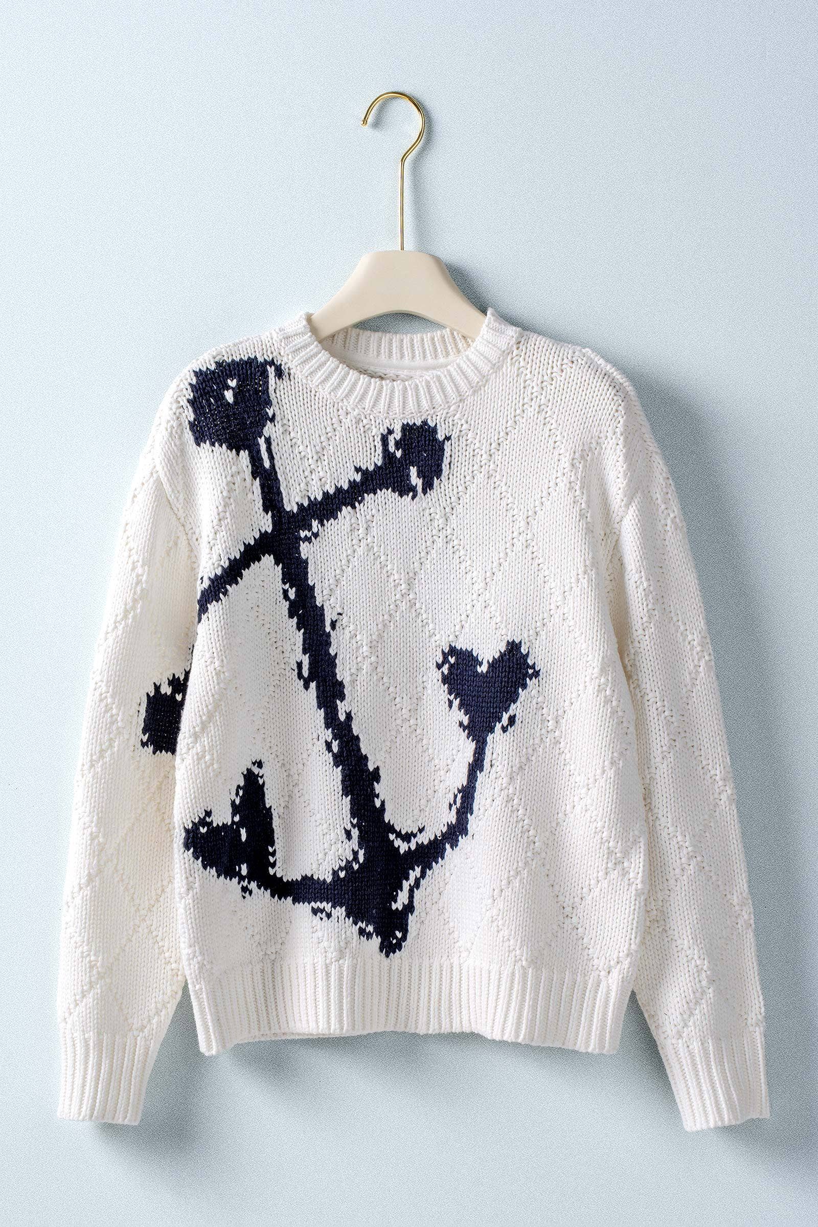 Urban Daizy Nautical Anchor Intarsia Textured Knit Sweater Ivory Knit Sweater - Women's (UDSW0346-Ivory)