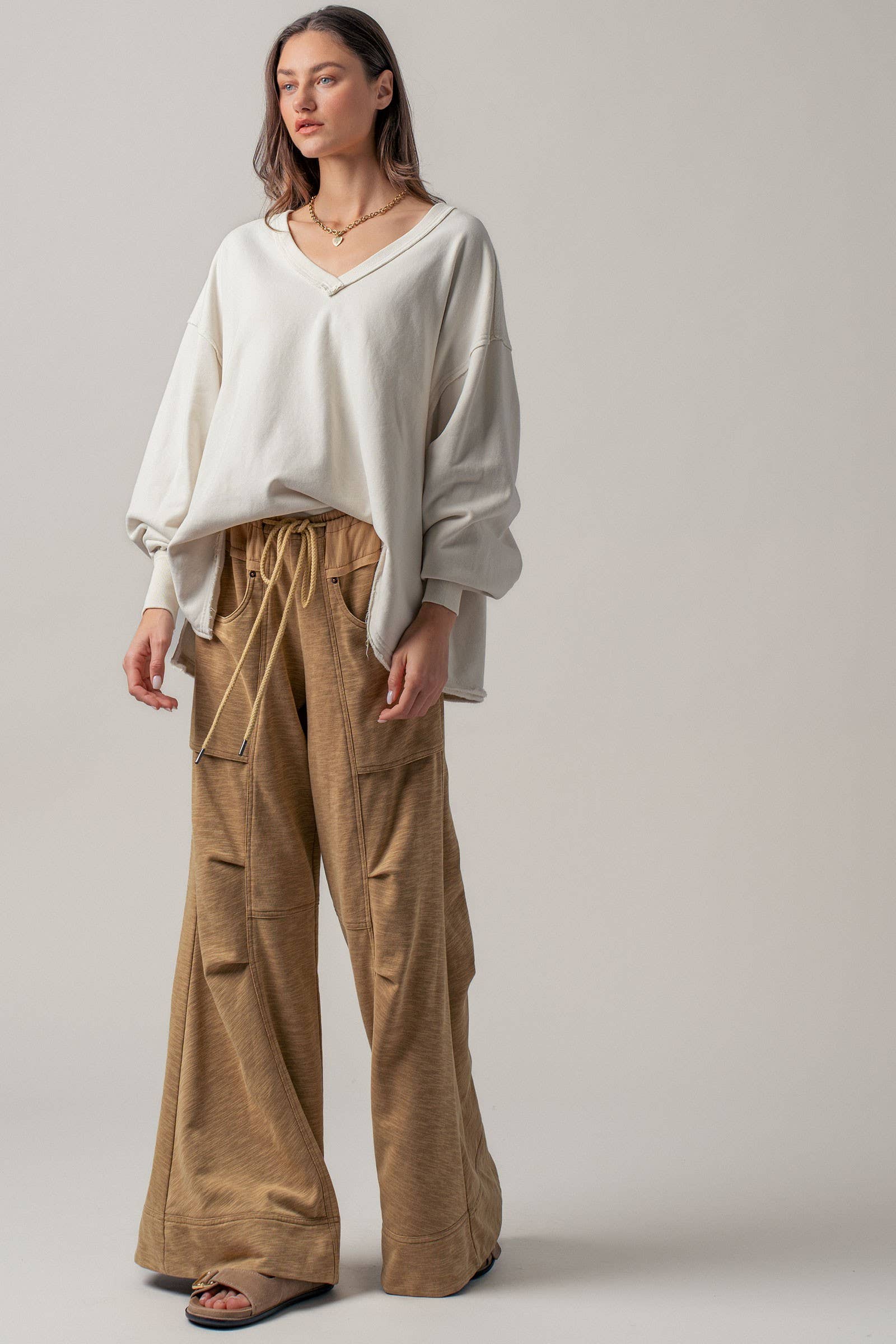 Drawstring Waist Seam Detail Wide-Leg Pants