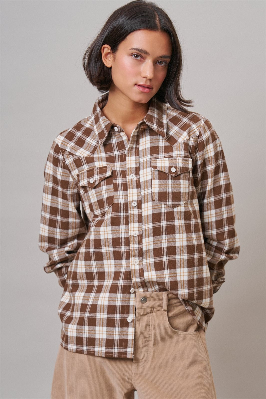 Buffalo Plaid Cropped Flannel Button Down Shirt