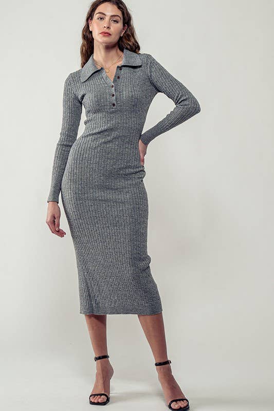 Urban Daizy Ribbed Collared Button Front Midi Sweater Dress H-Grey Dress - Women's (UDZ-DR-00328) – alternate view 10