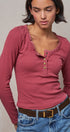 Ribbed Henley Top with Crochet Trim Neckline in MAUVE - Women's T-Shirts & Polos | Urban Daizy