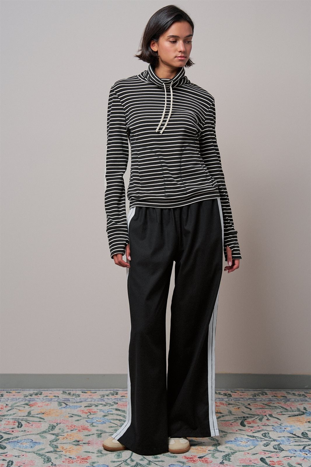 Striped Cowl Neck Drawstring Pullover Sweatshirt in BLACK - Women's Sweatshirts & Hoodies | Urban Daizy