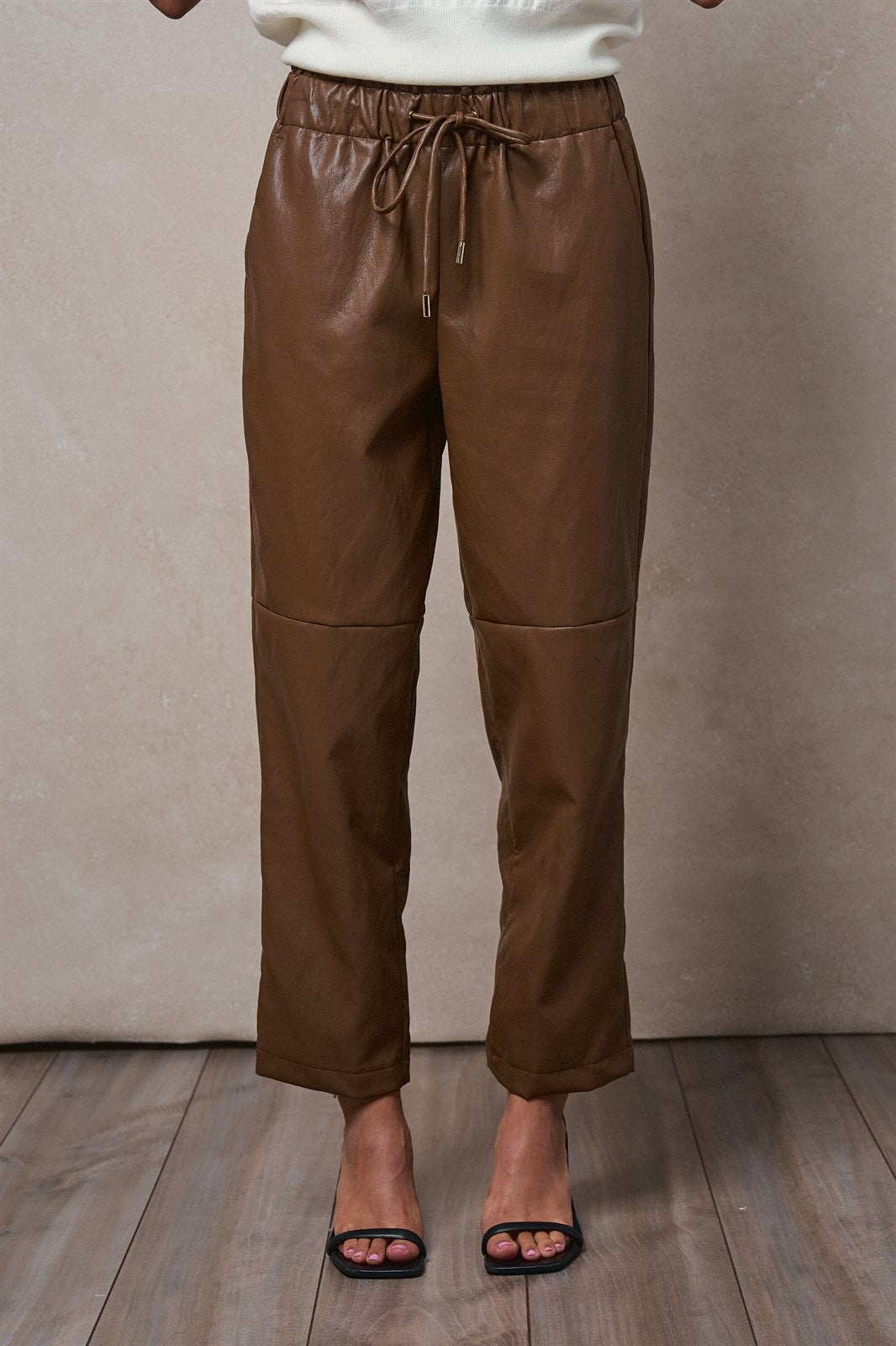 Faux Leather Drawstring Jogger Pants in BROWN - Women's Casual Pants | Urban Daizy