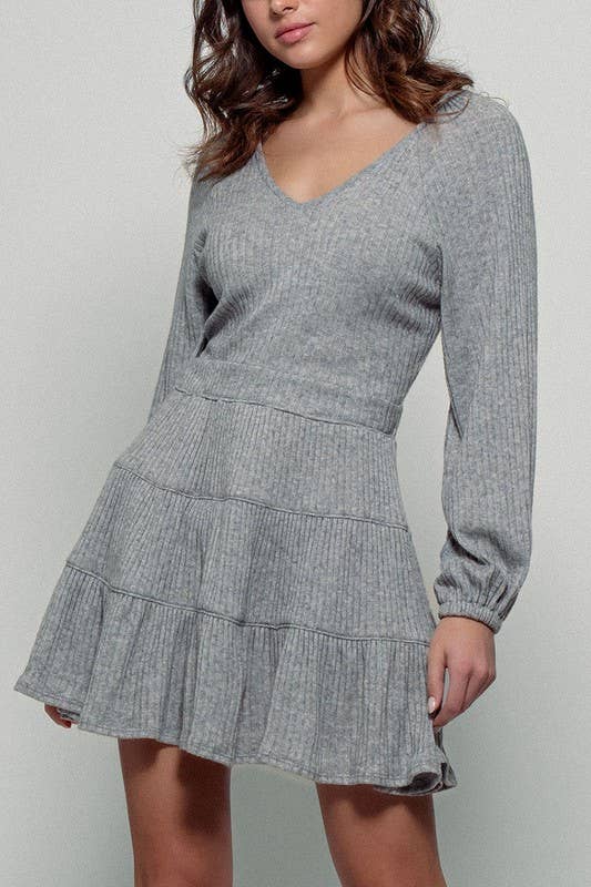 Cashmere Ribbed V-Neck Tiered Mini Dress