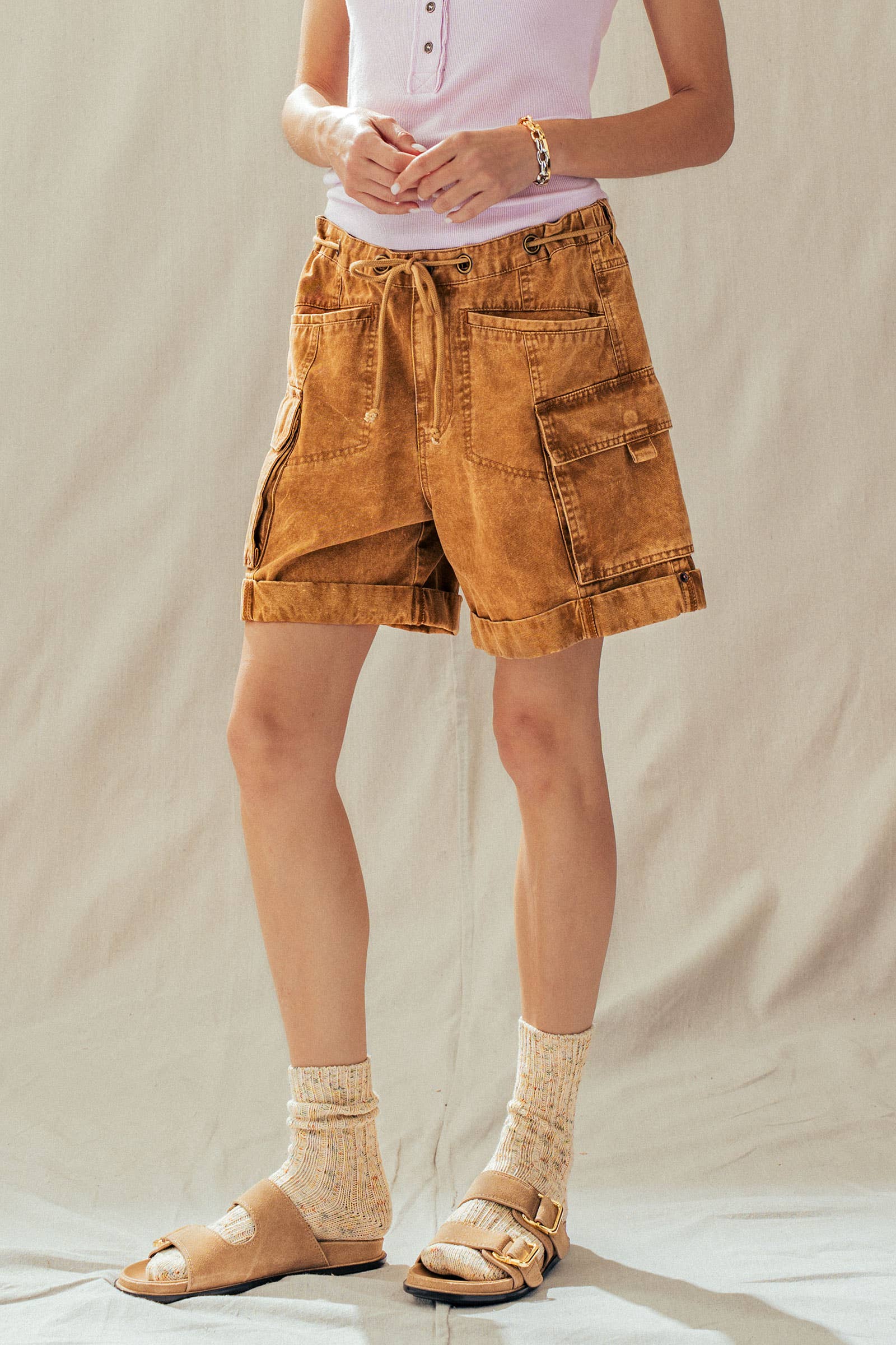 Urban Daizy Mineral Wash Cotton Utility Cargo Shorts Camel Shorts - Women's (UDZ-PT-00485) – alternate view 12