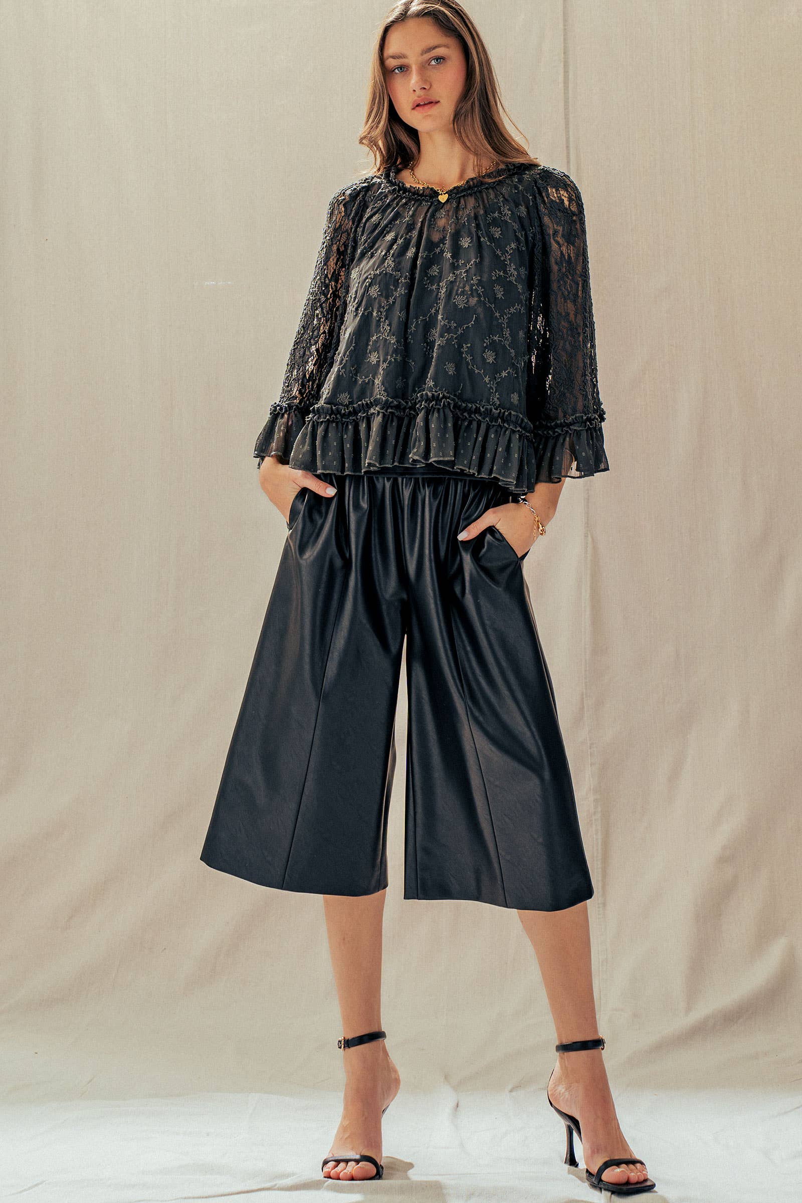 Urban Daizy Black Faux Leather Wide Leg Culotte Pants Black Pants - Women's (UDZ-PT-00490) – alternate view 6
