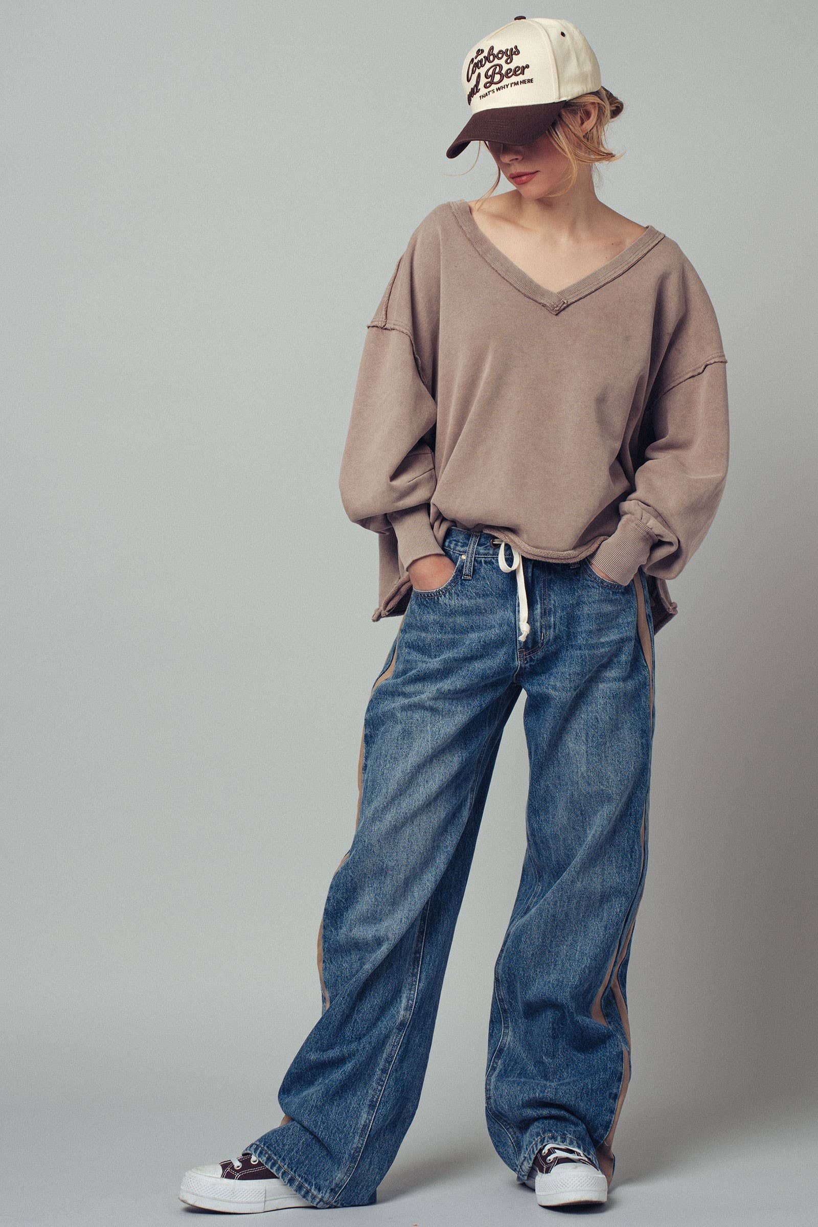 Raw Edge V-Neck Oversized Sweatshirt