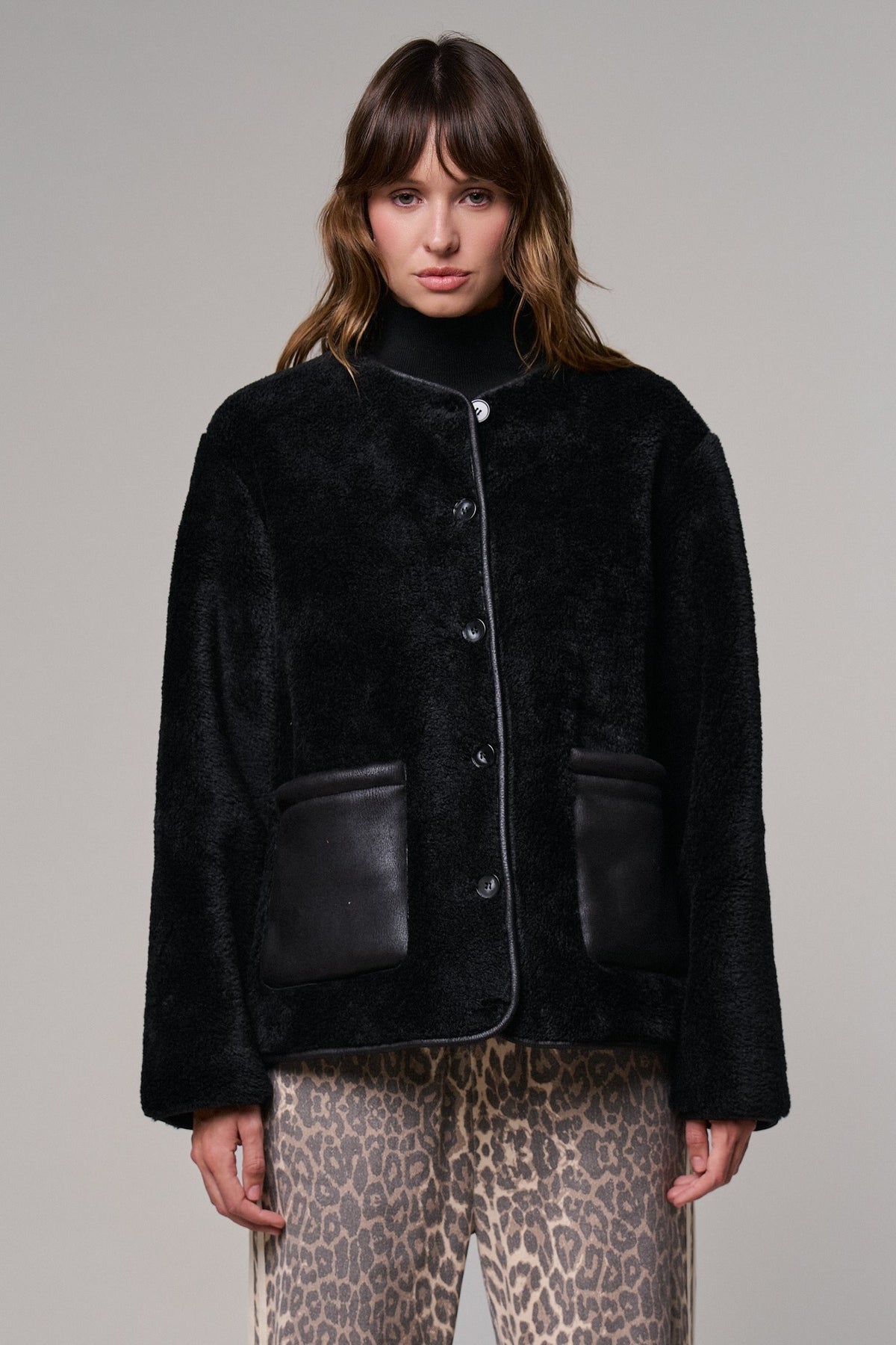 Cozy Boxy Shearling Jacket with Suede Pockets in BLACK - Women's Jackets & Blazers | Urban Daizy