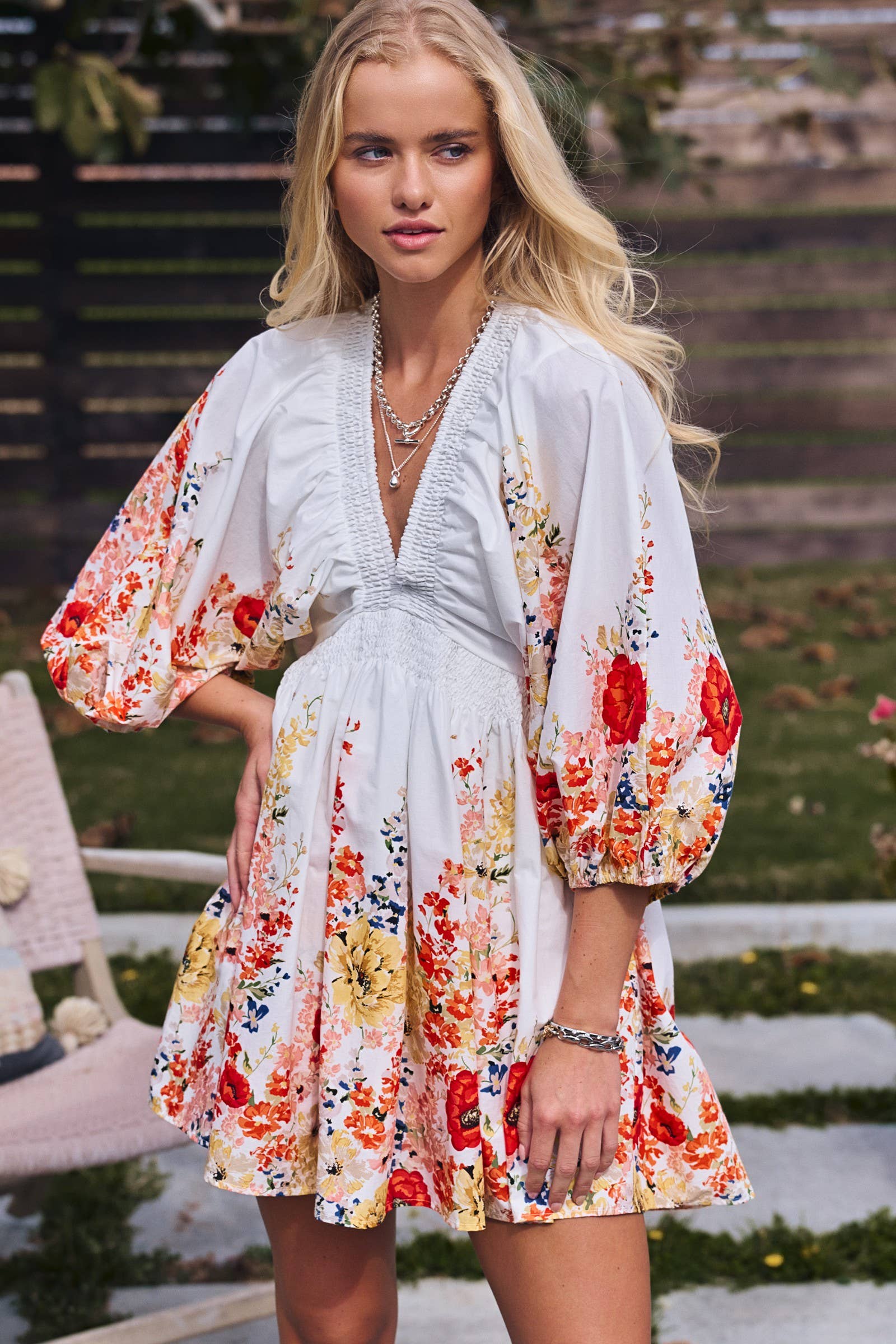 Urban Daizy Floral Print Smocked Cotton Mini Dress Ivory-Multi Dress - Women's (UDZ-DR-00481) – alternate view 3