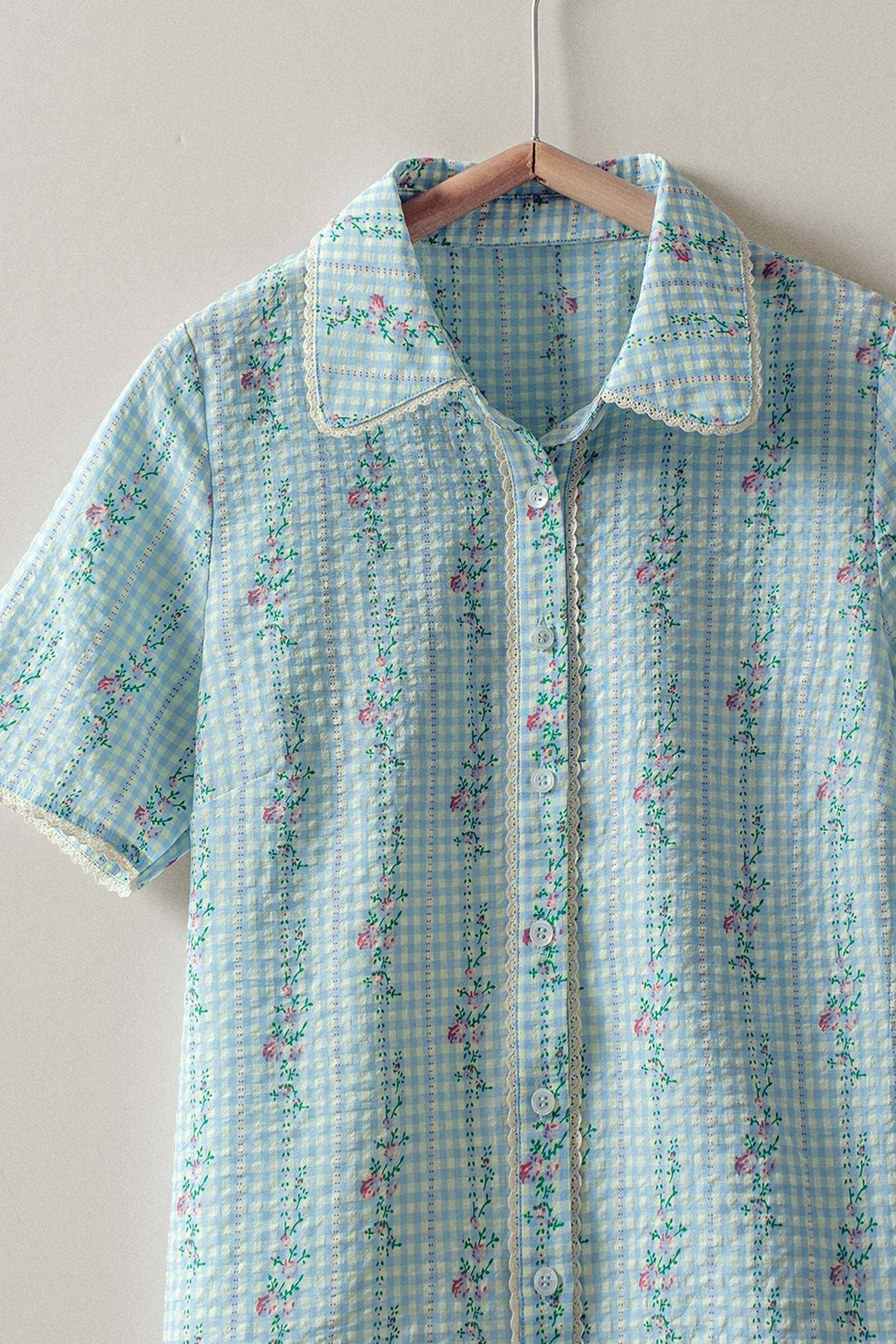 Gingham Floral Lace Trim Peter Pan Collar Shirt