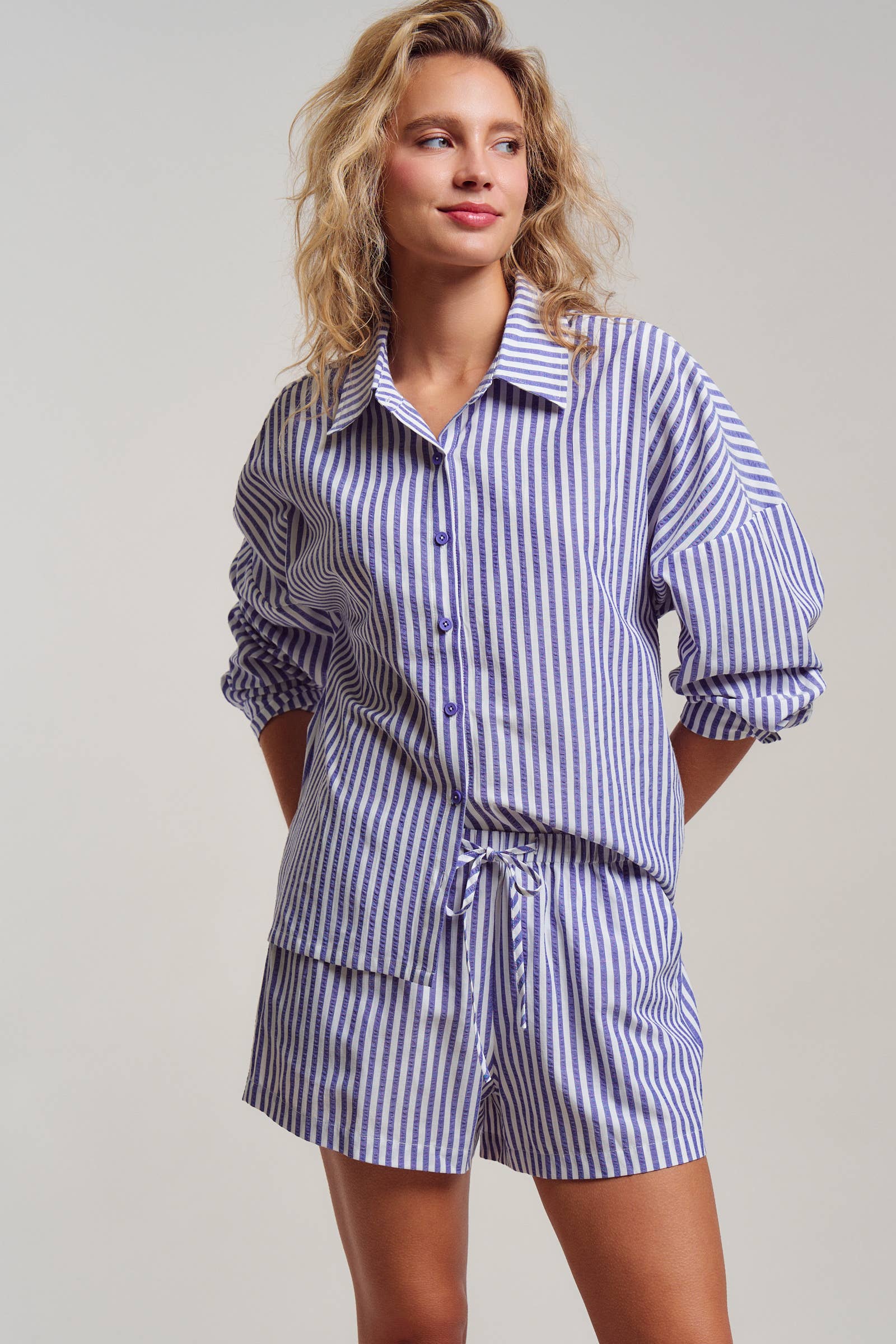Urban Daizy Striped Seersucker Button-Down Shirt & Shorts Set Blue Lounge Set - Women's (UDST0148-Blue) – alternate view 12