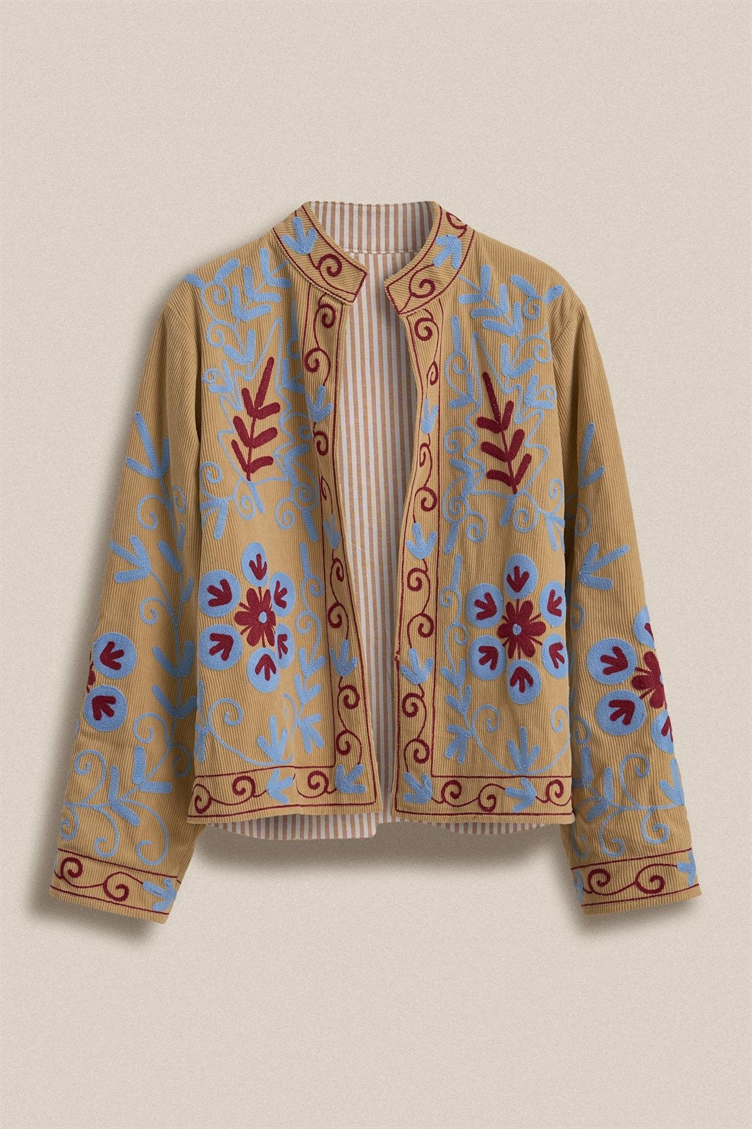 Embroidered Corduroy Jacket with Folk Floral Scroll in KHAKI - Women's Jackets & Blazers | Urban Daizy