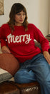 Jolly Script Embroidered Sweater in RED - Women's Sweaters | Urban Daizy