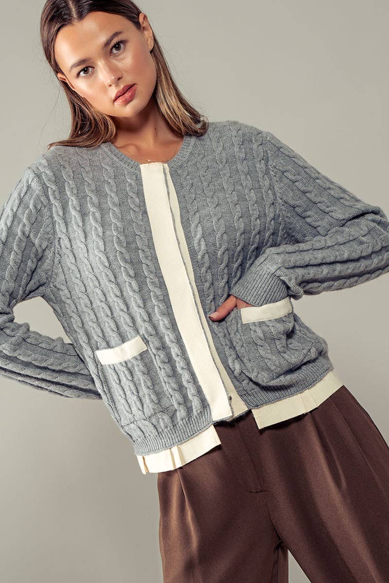 Urban Daizy Cable Knit Snap Front Ribbed Trim Long Sleeve Sweater Ivory Cardigan - Women's (UDZ-KN-00628) – alternate view 14