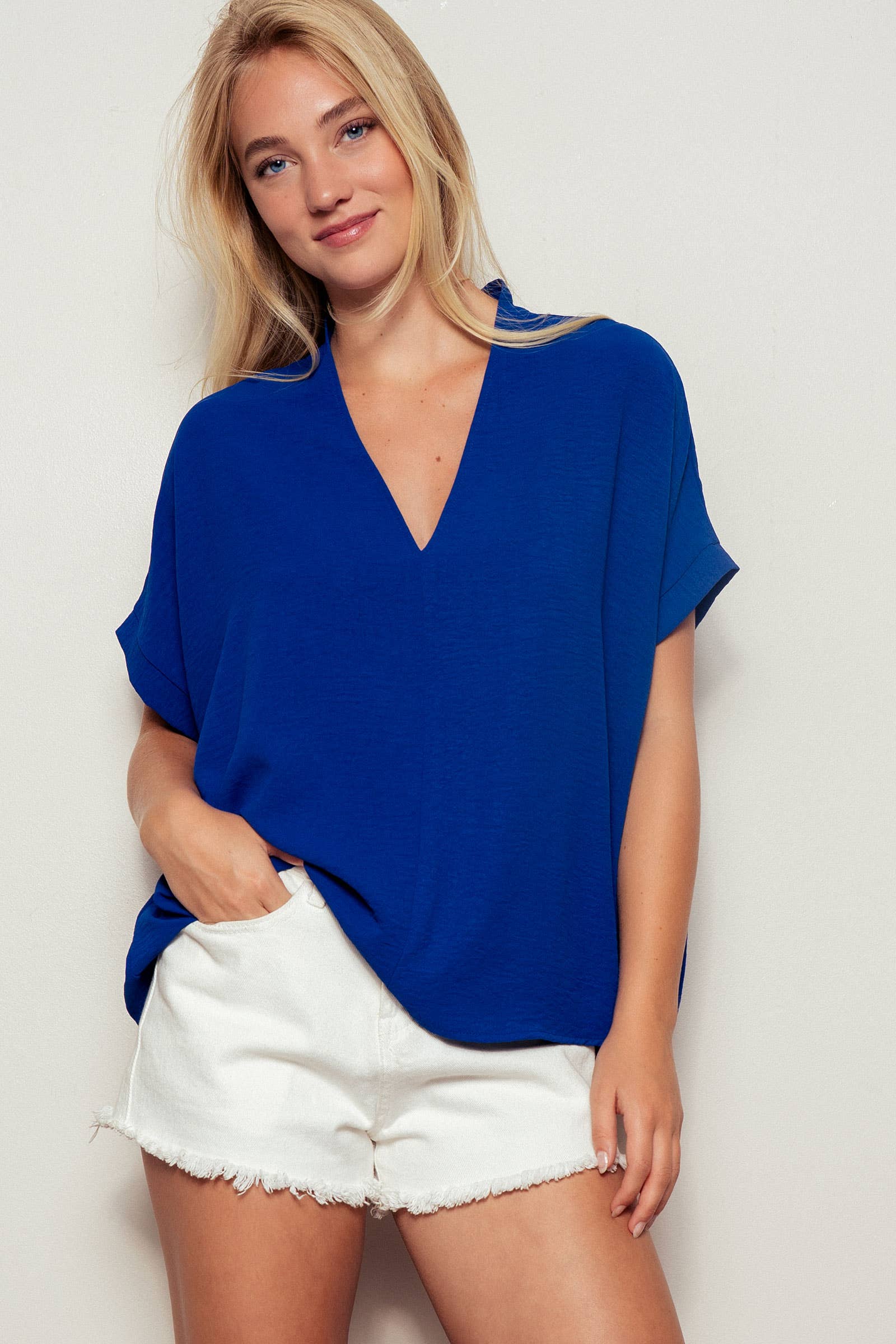 Urban Daizy Oversized V-Neck Folded Short Sleeve Top-GD Gd-Blue Blouse - Women's (UDZ-TP-00270) – alternate view 13