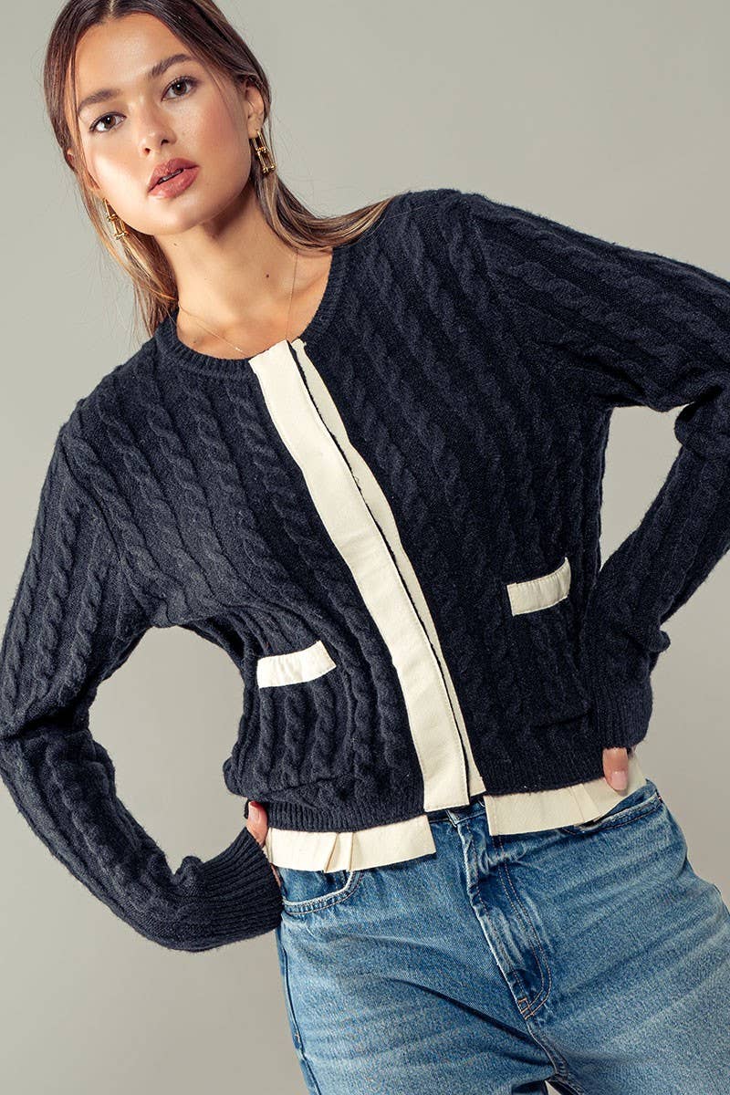 Urban Daizy Cable Knit Snap Front Ribbed Trim Long Sleeve Sweater Ivory Cardigan - Women's (UDZ-KN-00628) – alternate view 10