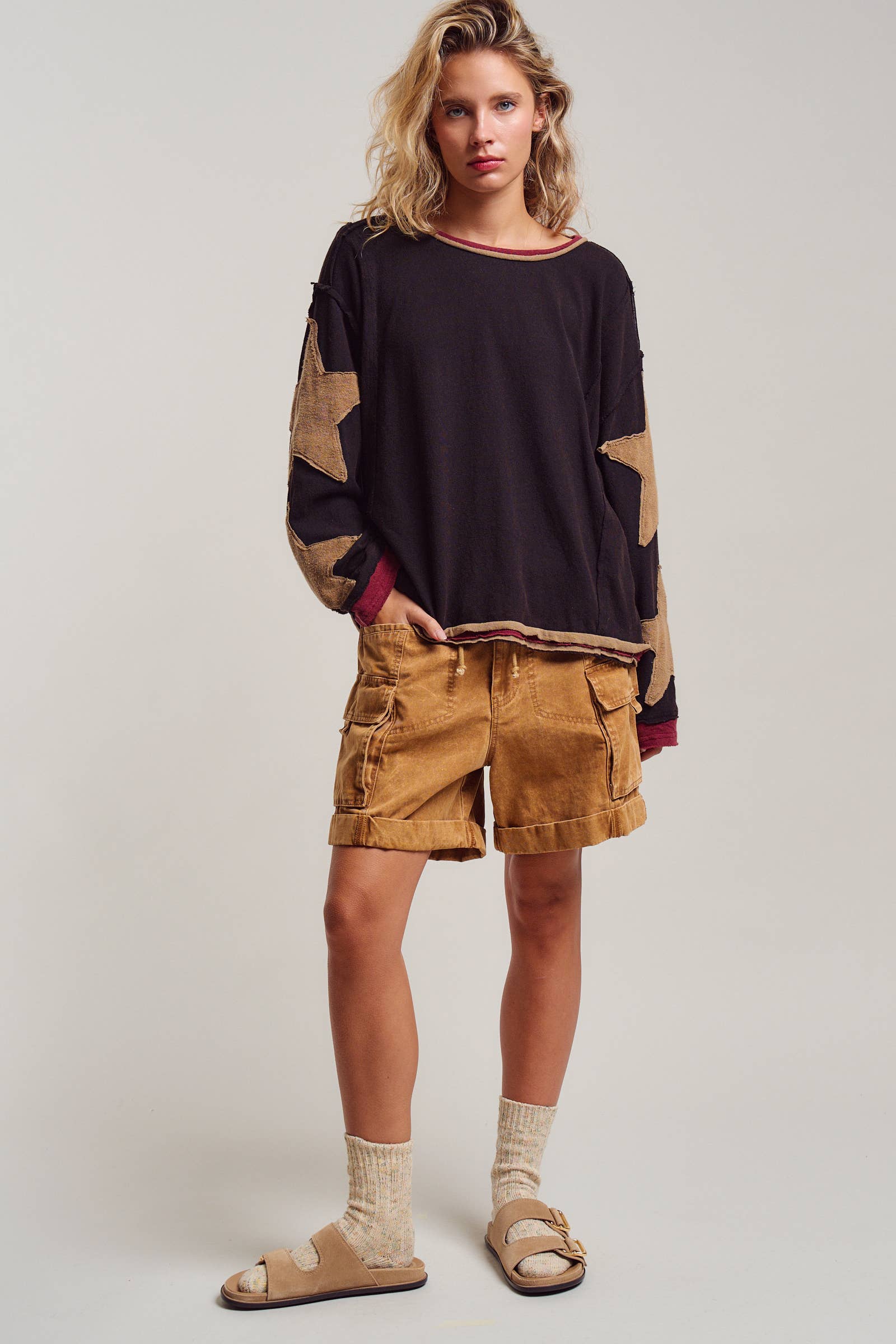 Urban Daizy Raw Seam Star Patch Slouchy Knit Top Brown Knit Top - Women's (UDTP1432-Brown) – alternate view 6