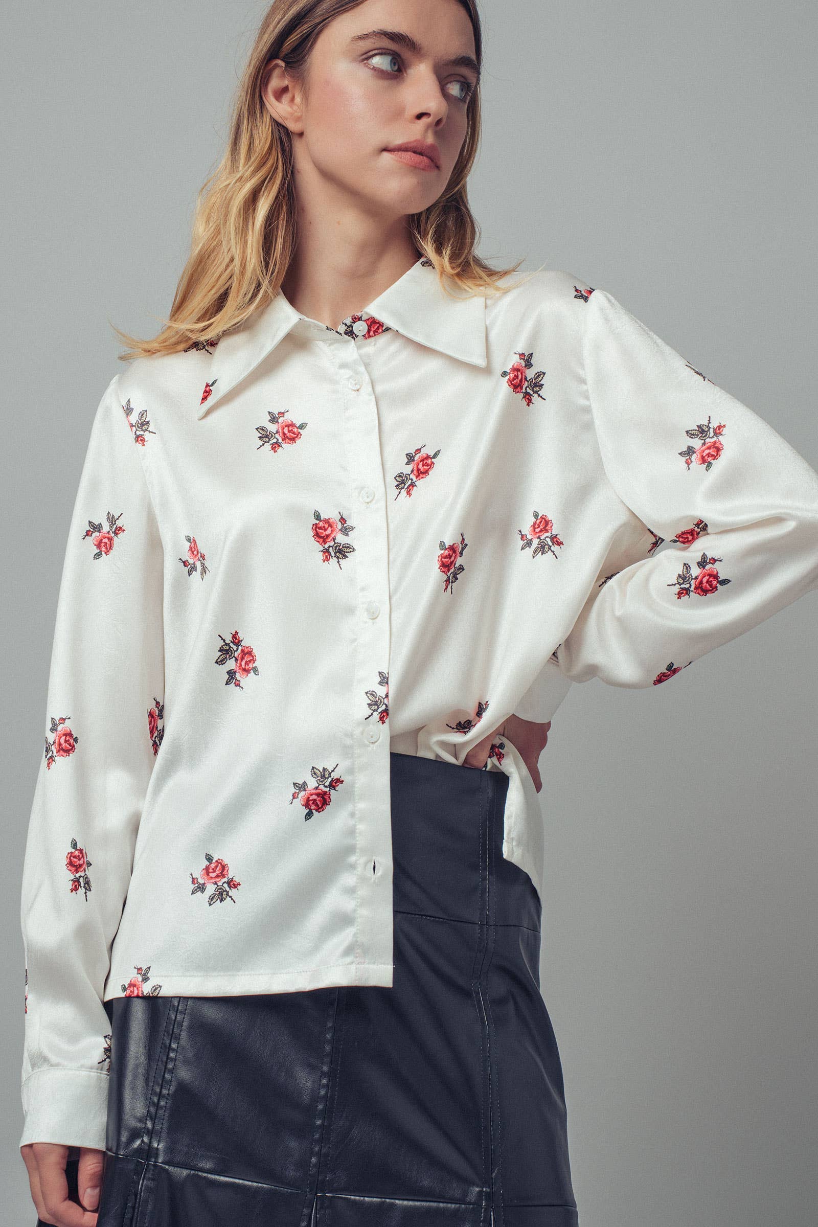 Rose Print Satin Button-Up Blouse